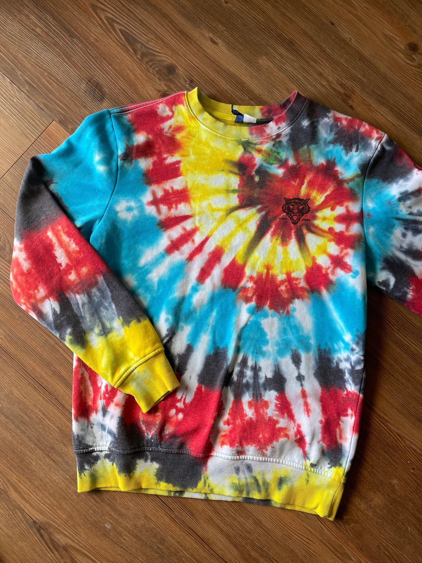 SMALL Men’s Last Night Tiger Tie Dye Sweatshirt | Red, Yellow, Blue, and Black Spiral Long Sleeve