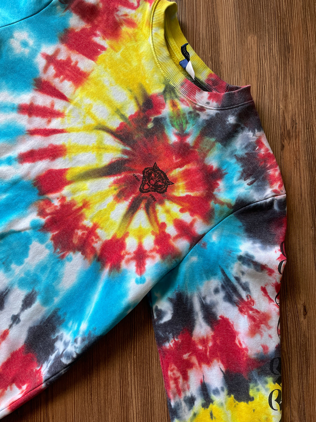 SMALL Men’s Last Night Tiger Tie Dye Sweatshirt | Red, Yellow, Blue, and Black Spiral Long Sleeve