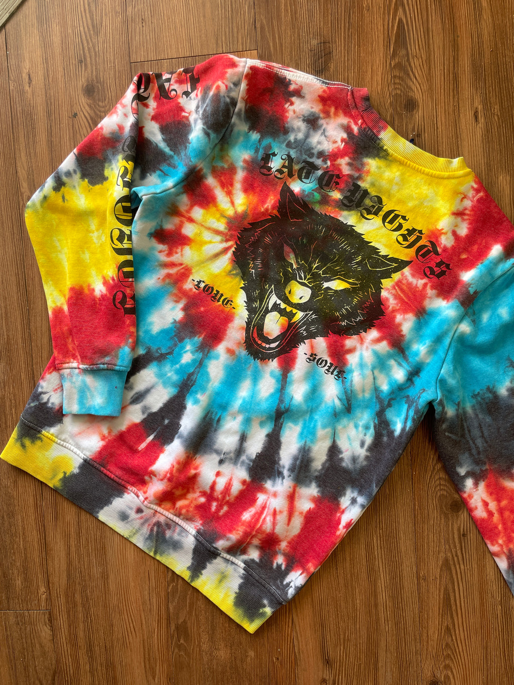 SMALL Men’s Last Night Tiger Tie Dye Sweatshirt | Red, Yellow, Blue, and Black Spiral Long Sleeve