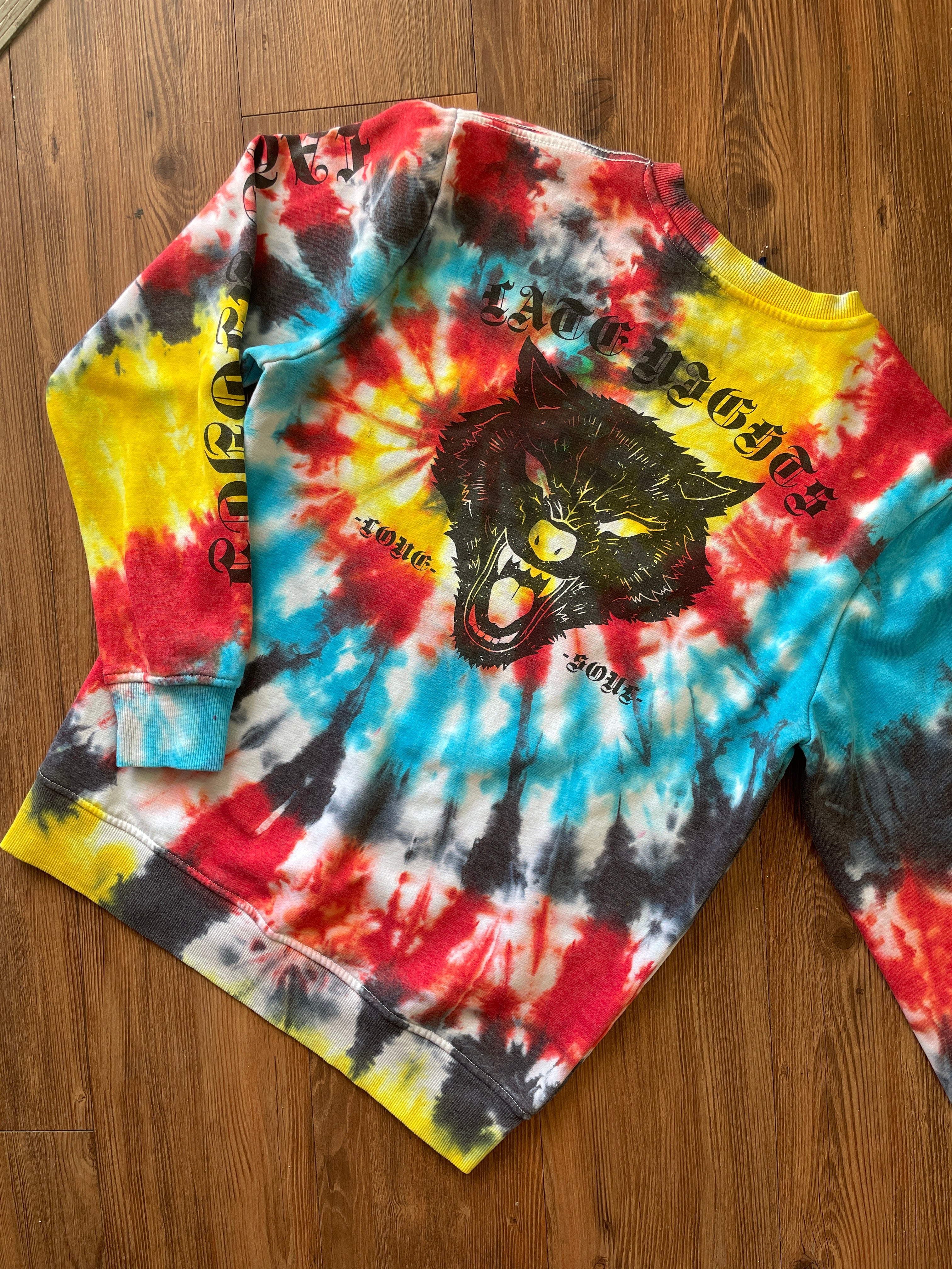 SMALL Men’s Last Night Tiger Tie Dye Sweatshirt | Red, Yellow, Blue, and Black Spiral Long Sleeve