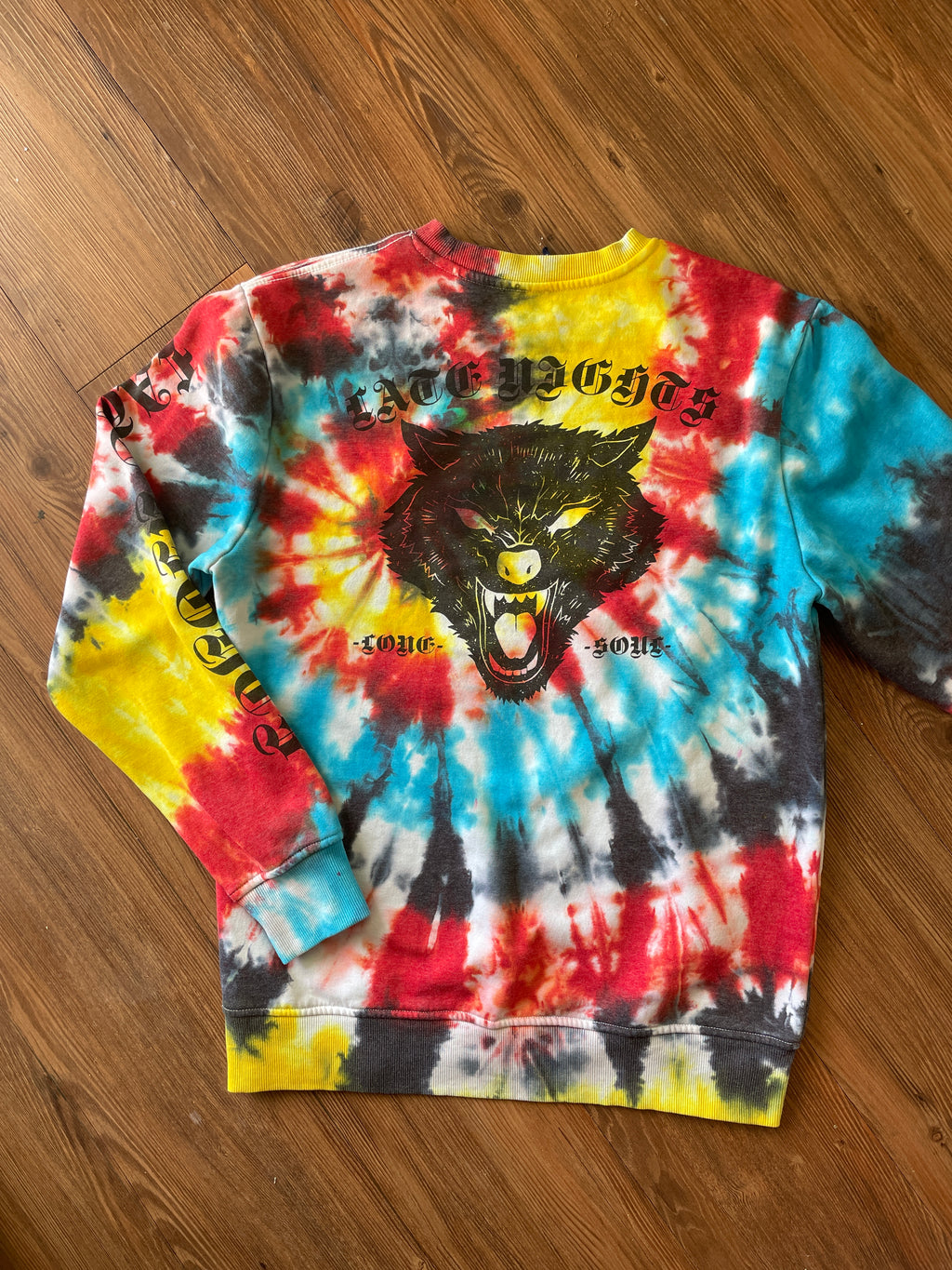 SMALL Men’s Last Night Tiger Tie Dye Sweatshirt | Red, Yellow, Blue, and Black Spiral Long Sleeve