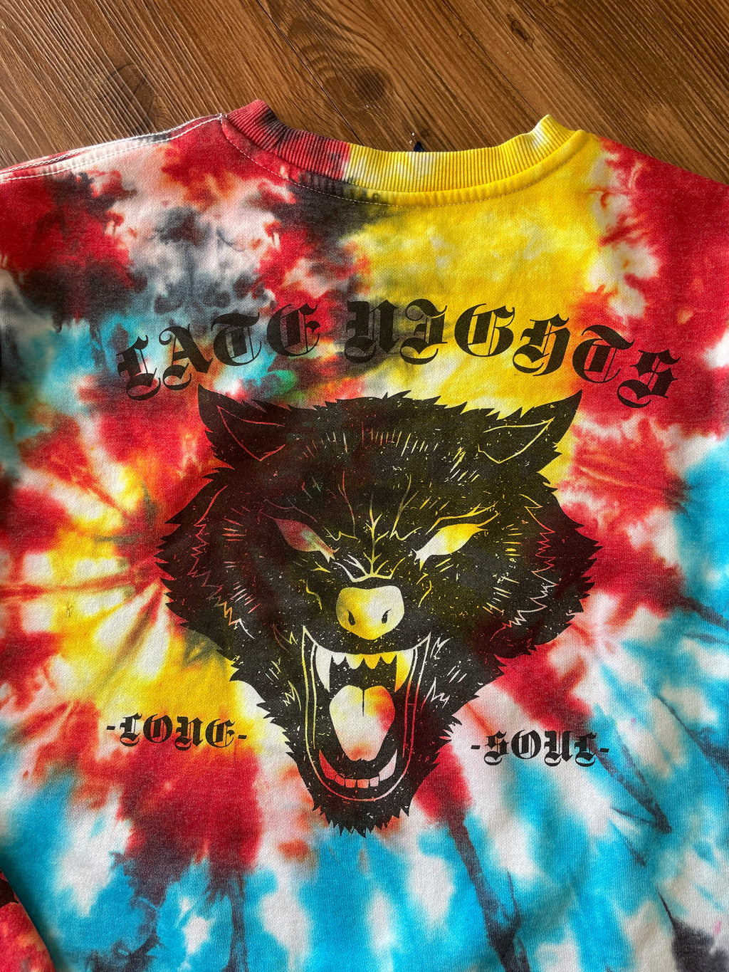 SMALL Men’s Last Night Tiger Tie Dye Sweatshirt | Red, Yellow, Blue, and Black Spiral Long Sleeve