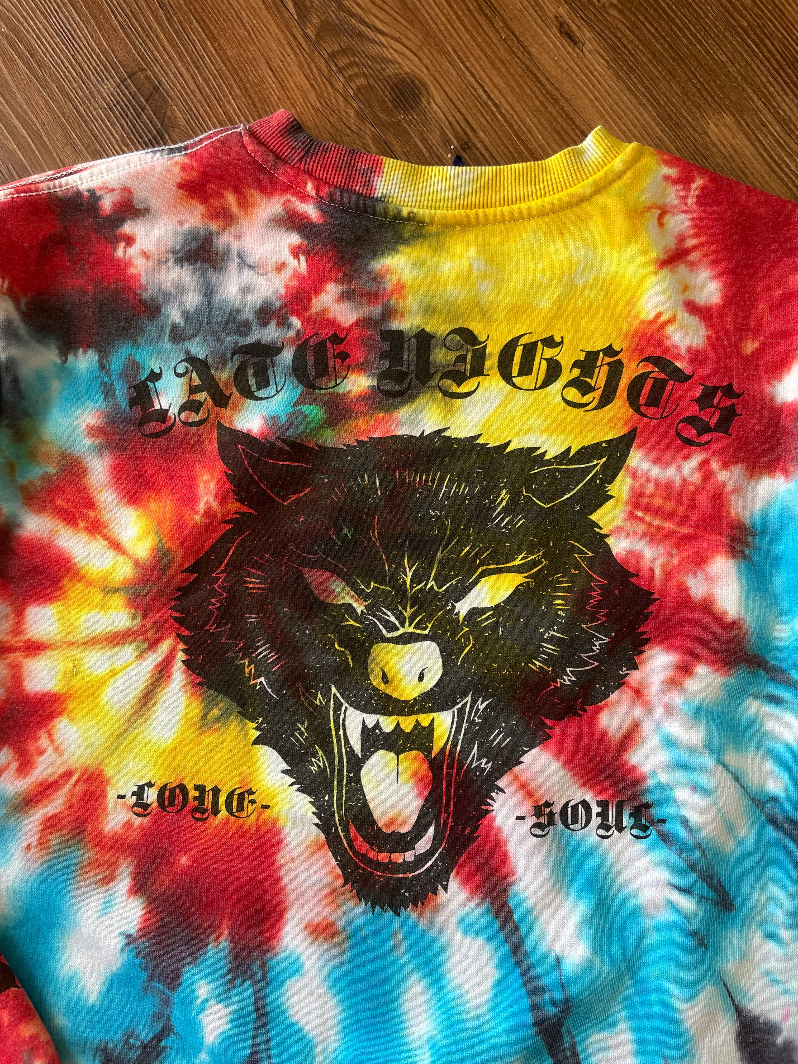 SMALL Men’s Last Night Tiger Tie Dye Sweatshirt | Red, Yellow, Blue, and Black Spiral Long Sleeve