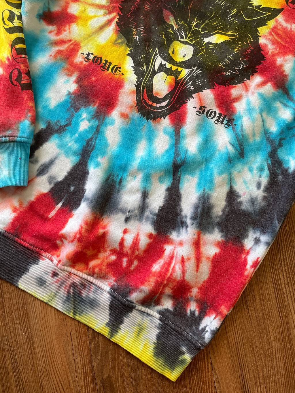 SMALL Men’s Last Night Tiger Tie Dye Sweatshirt | Red, Yellow, Blue, and Black Spiral Long Sleeve