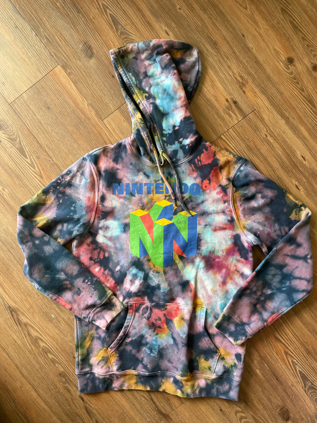 MEDIUM (Tall) Men’s Nintendo 64 Handmade Tie Dye Hoodie | Navy Blue, Red, and Green Crumpled Bleach Dye Long Sleeve Sweatshirt