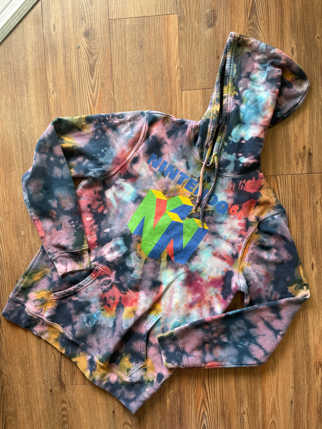 MEDIUM (Tall) Men’s Nintendo 64 Handmade Tie Dye Hoodie | Navy Blue, Red, and Green Crumpled Bleach Dye Long Sleeve Sweatshirt