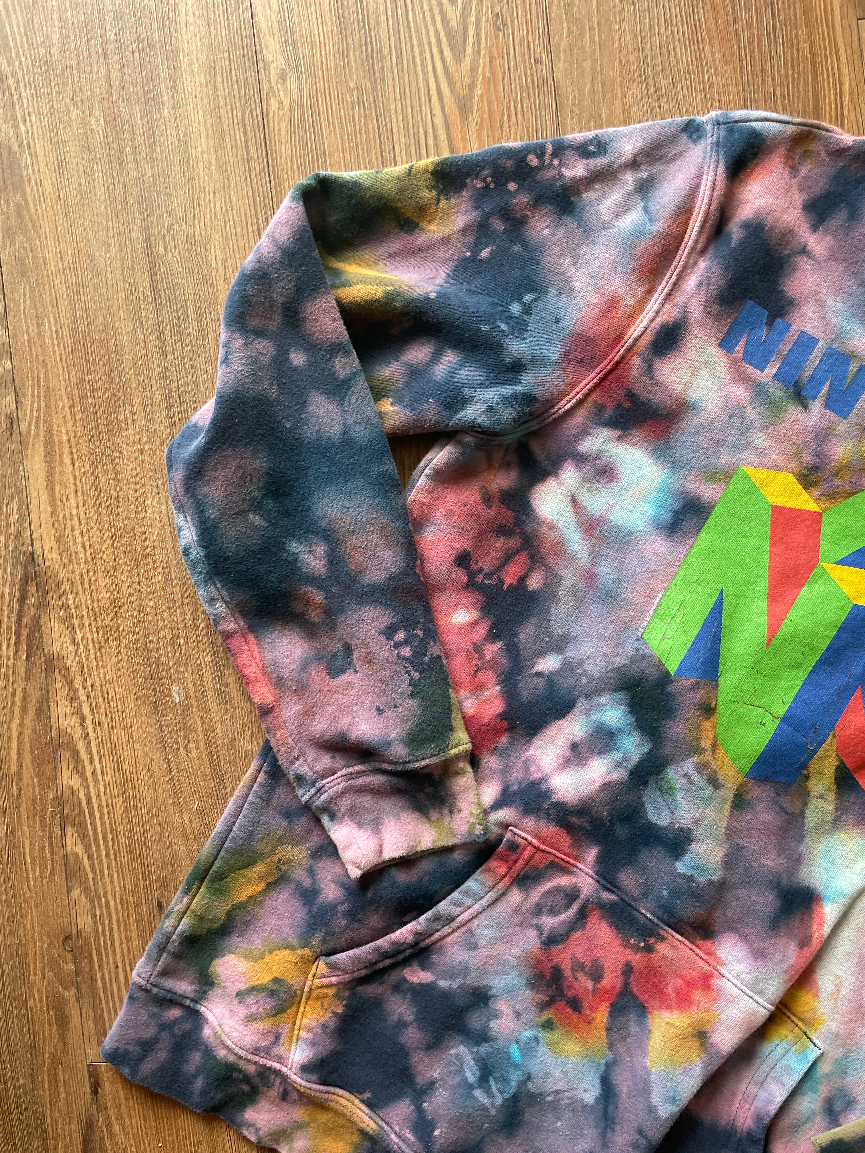 MEDIUM (Tall) Men’s Nintendo 64 Handmade Tie Dye Hoodie | Navy Blue, Red, and Green Crumpled Bleach Dye Long Sleeve Sweatshirt