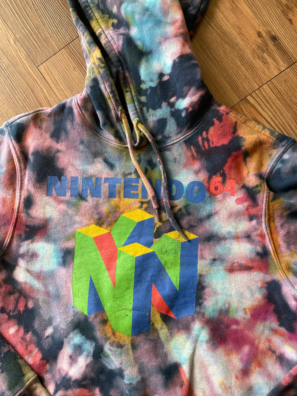 MEDIUM (Tall) Men’s Nintendo 64 Handmade Tie Dye Hoodie | Navy Blue, Red, and Green Crumpled Bleach Dye Long Sleeve Sweatshirt