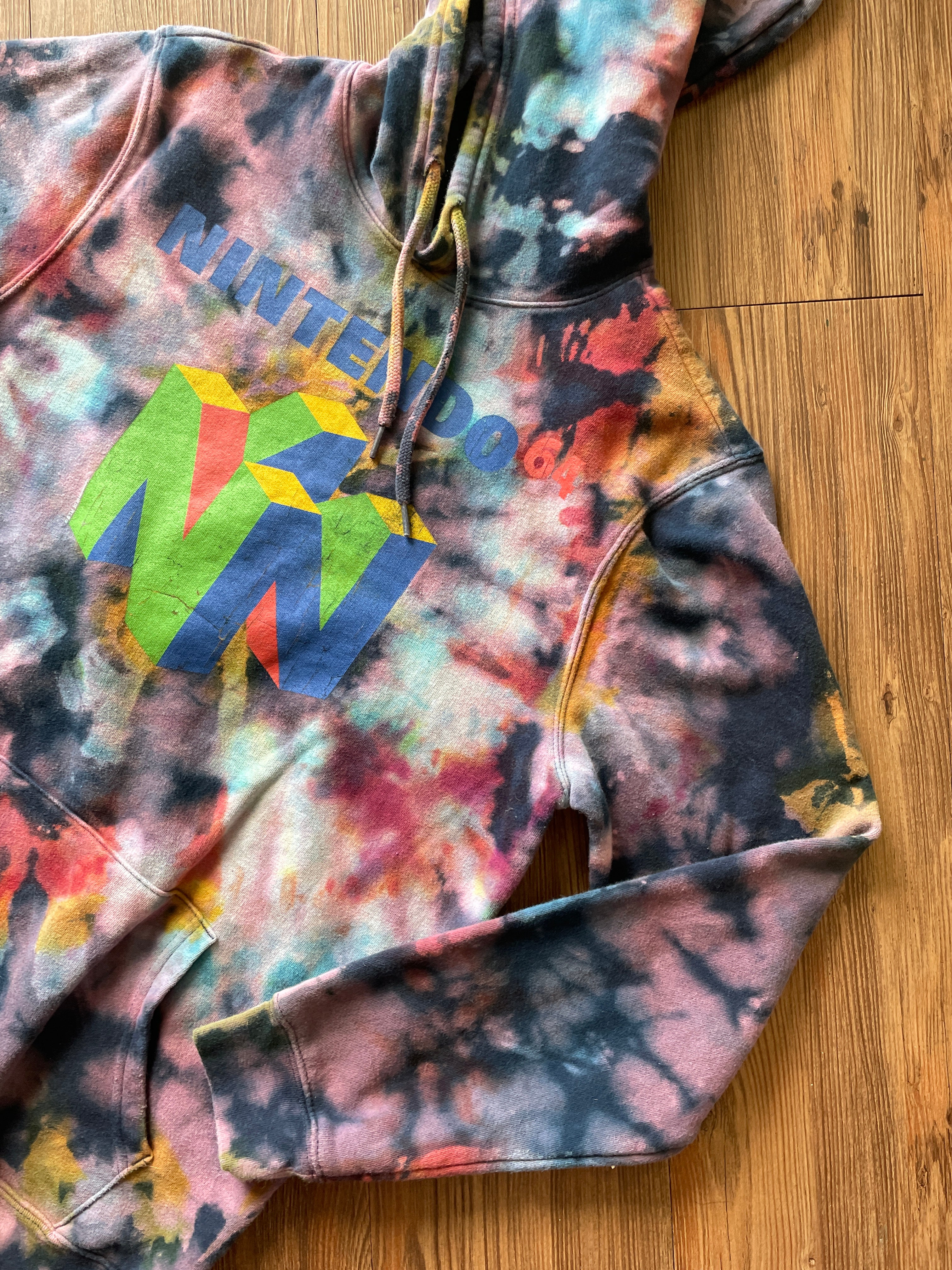 MEDIUM (Tall) Men’s Nintendo 64 Handmade Tie Dye Hoodie | Navy Blue, Red, and Green Crumpled Bleach Dye Long Sleeve Sweatshirt