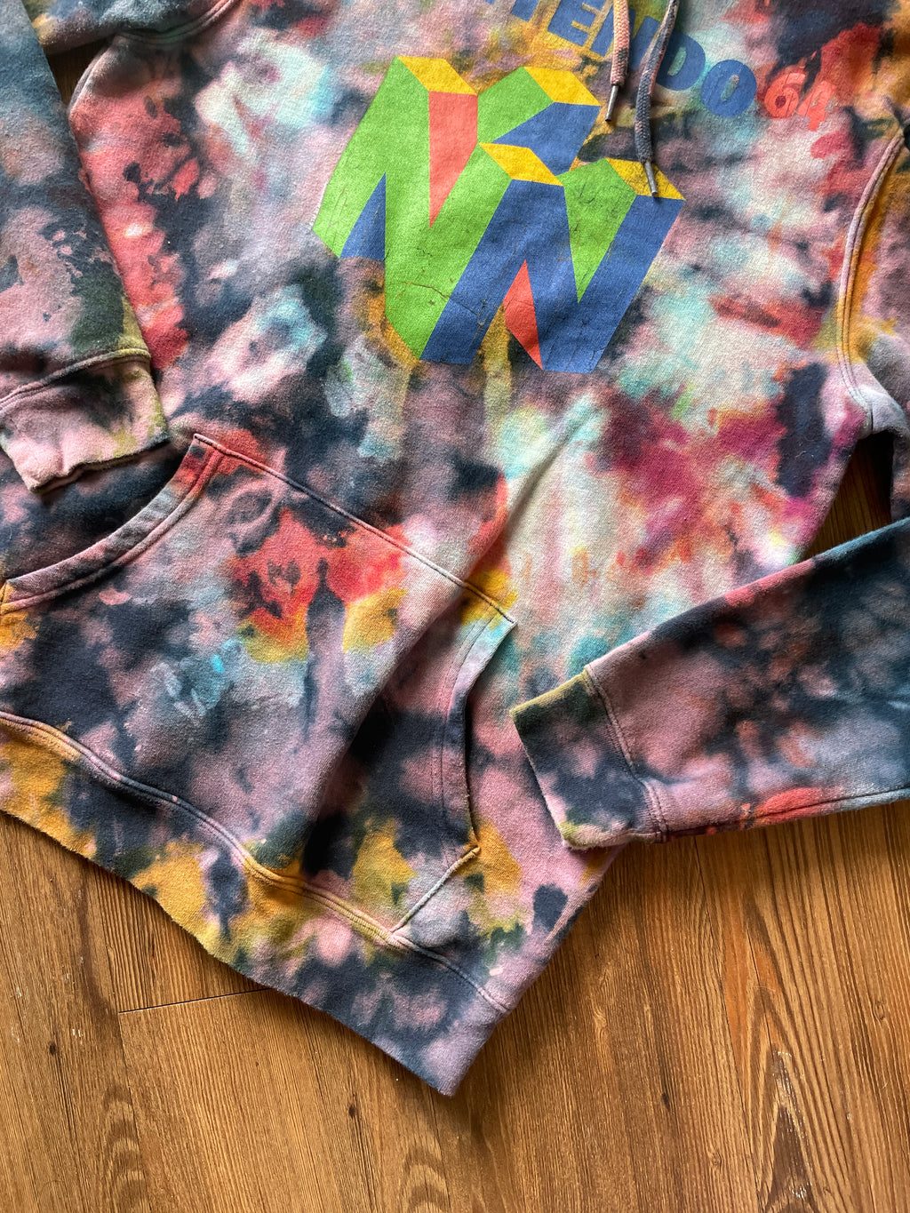 MEDIUM (Tall) Men’s Nintendo 64 Handmade Tie Dye Hoodie | Navy Blue, Red, and Green Crumpled Bleach Dye Long Sleeve Sweatshirt