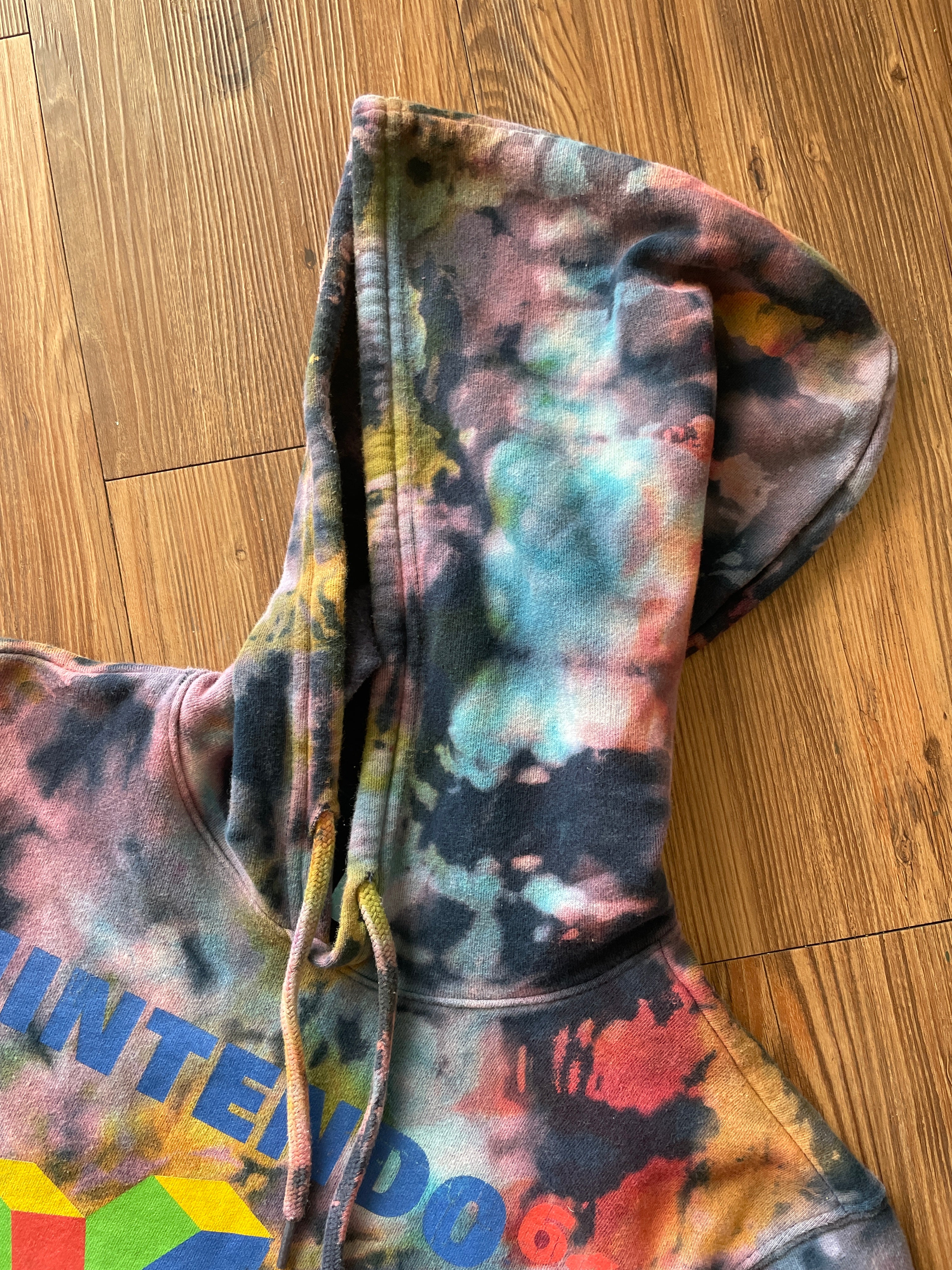 MEDIUM (Tall) Men’s Nintendo 64 Handmade Tie Dye Hoodie | Navy Blue, Red, and Green Crumpled Bleach Dye Long Sleeve Sweatshirt