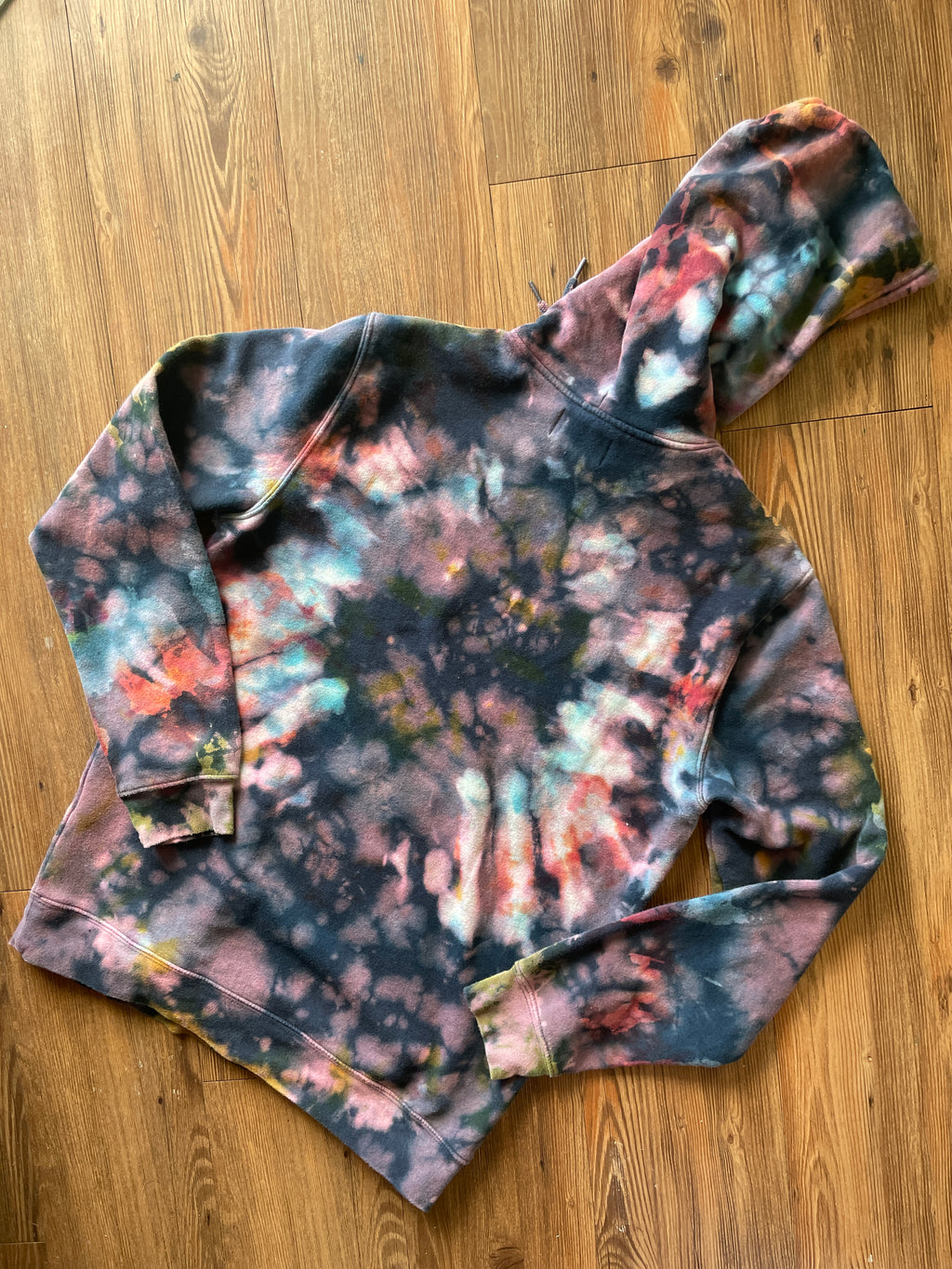 MEDIUM (Tall) Men’s Nintendo 64 Handmade Tie Dye Hoodie | Navy Blue, Red, and Green Crumpled Bleach Dye Long Sleeve Sweatshirt