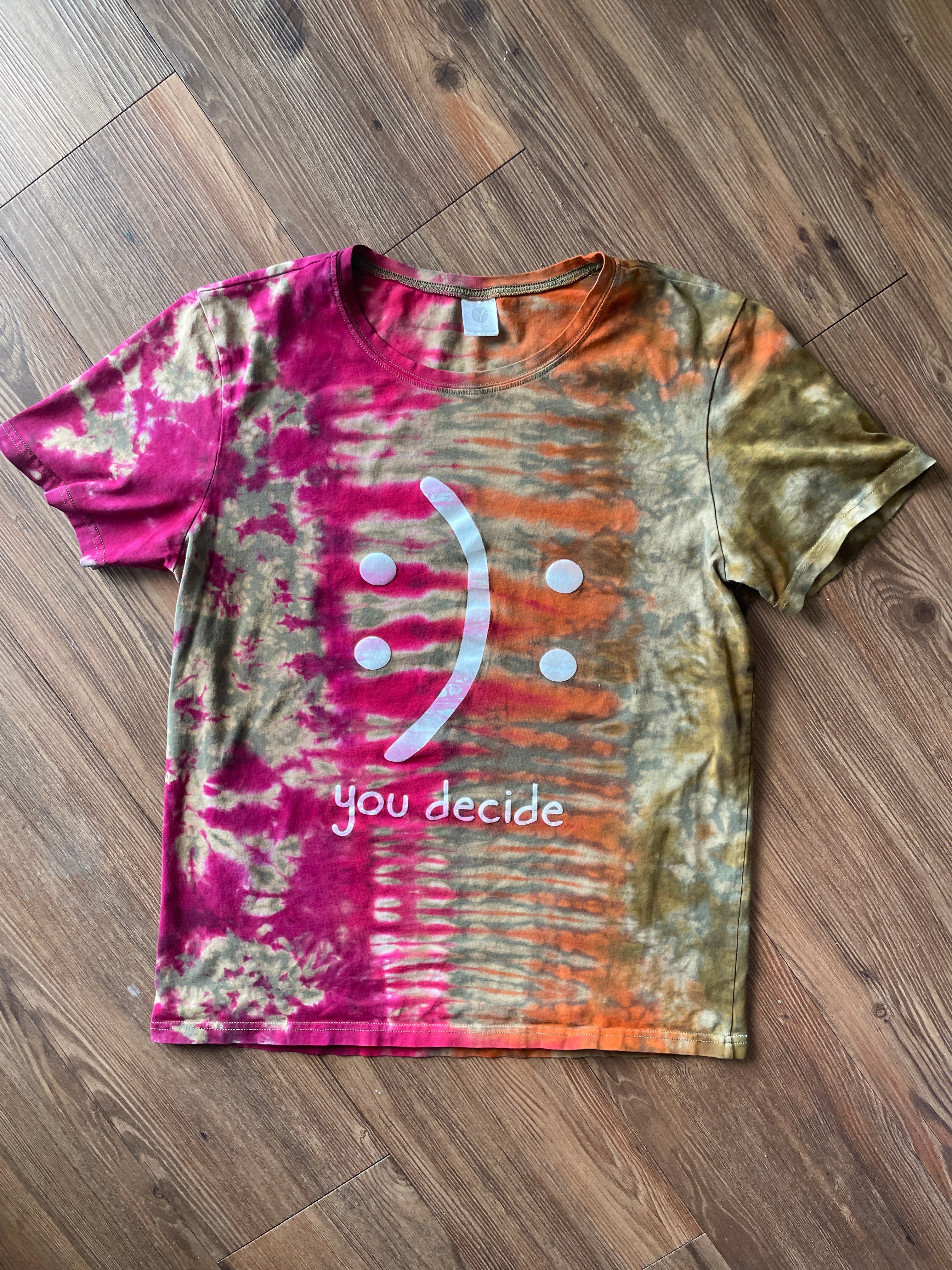 LARGE Women’s Happy and Sad Face You Decide Tie Dye T-Shirt | Green, Orange, and Pink Crumpled Handmade Short Sleeve Top
