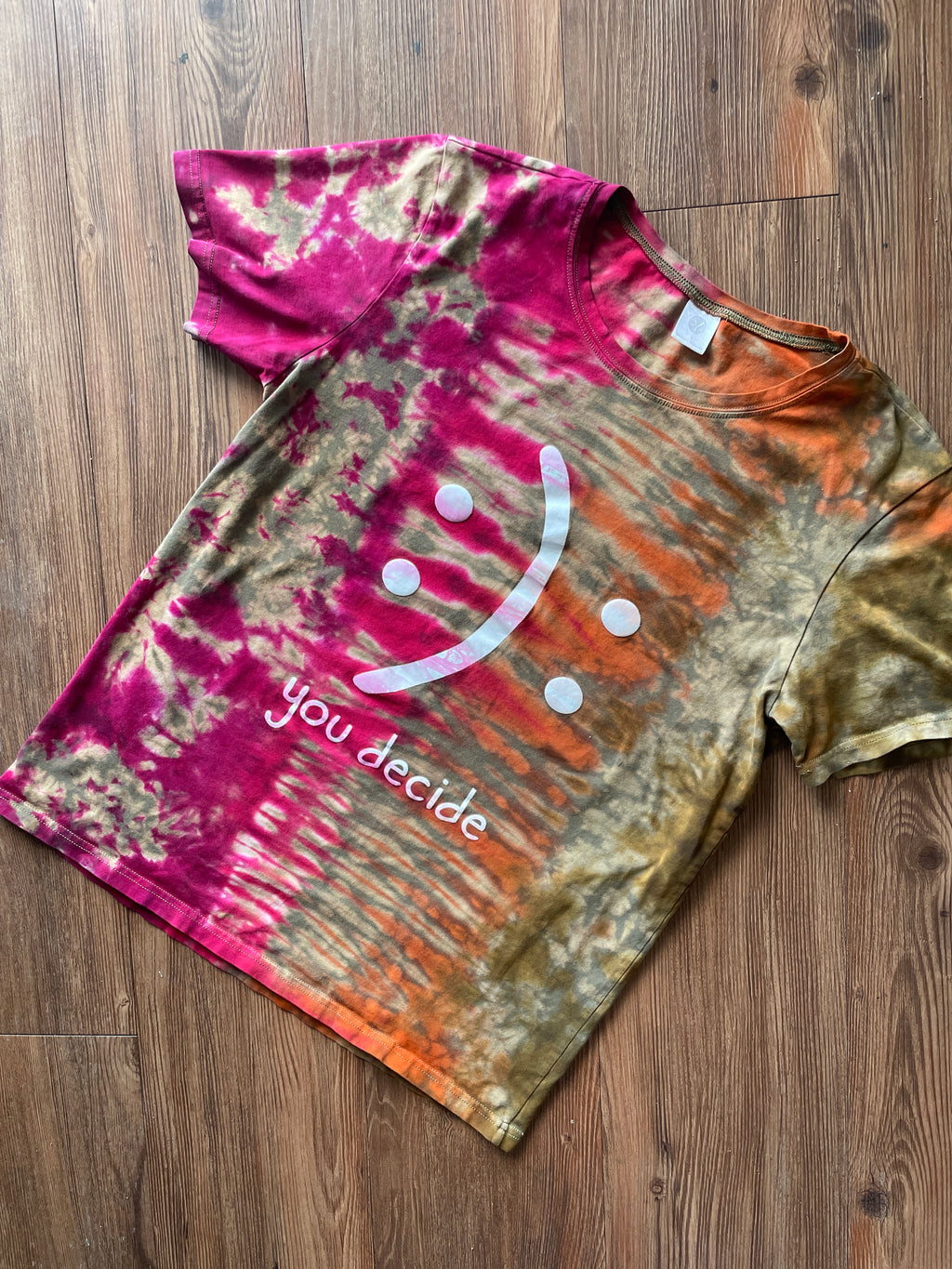 LARGE Women’s Happy and Sad Face You Decide Tie Dye T-Shirt | Green, Orange, and Pink Crumpled Handmade Short Sleeve Top