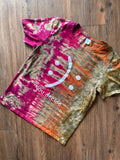 LARGE Women’s Happy and Sad Face You Decide Tie Dye T-Shirt | Green, Orange, and Pink Crumpled Handmade Short Sleeve Top