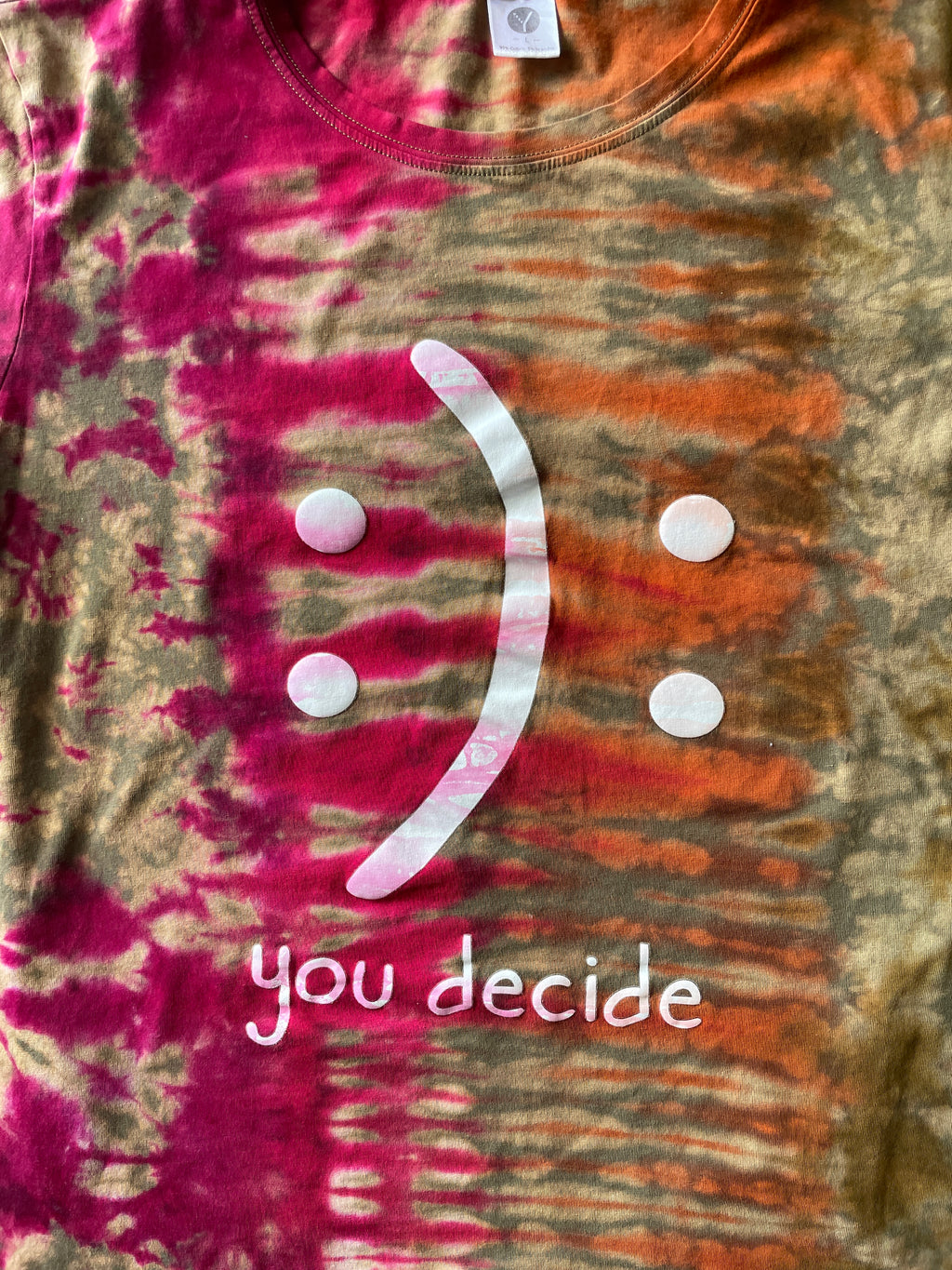 LARGE Women’s Happy and Sad Face You Decide Tie Dye T-Shirt | Green, Orange, and Pink Crumpled Handmade Short Sleeve Top