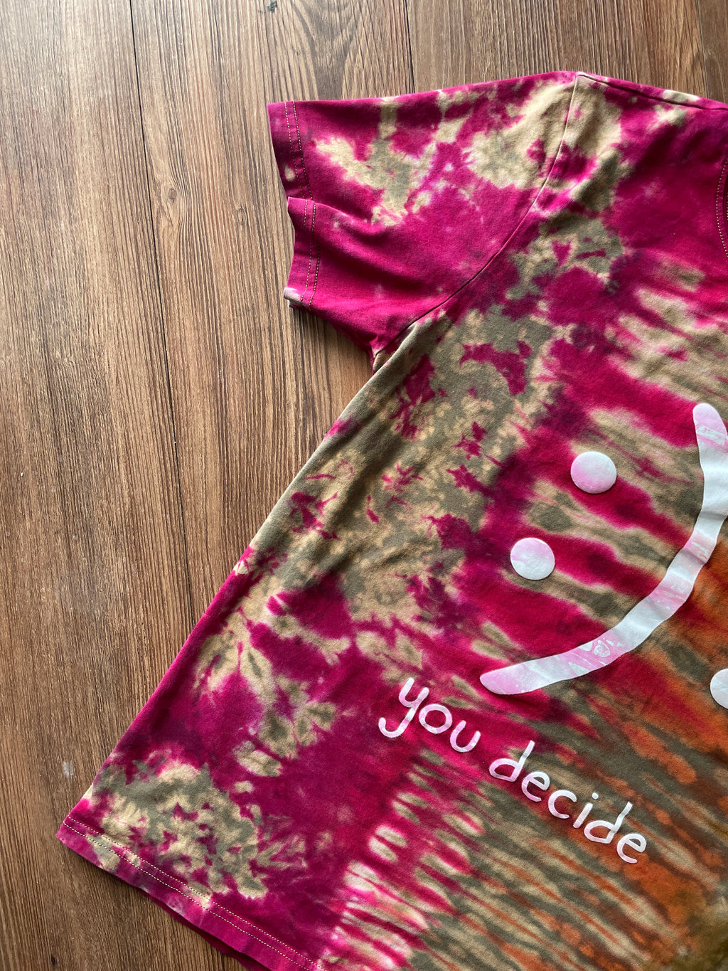 LARGE Women’s Happy and Sad Face You Decide Tie Dye T-Shirt | Green, Orange, and Pink Crumpled Handmade Short Sleeve Top