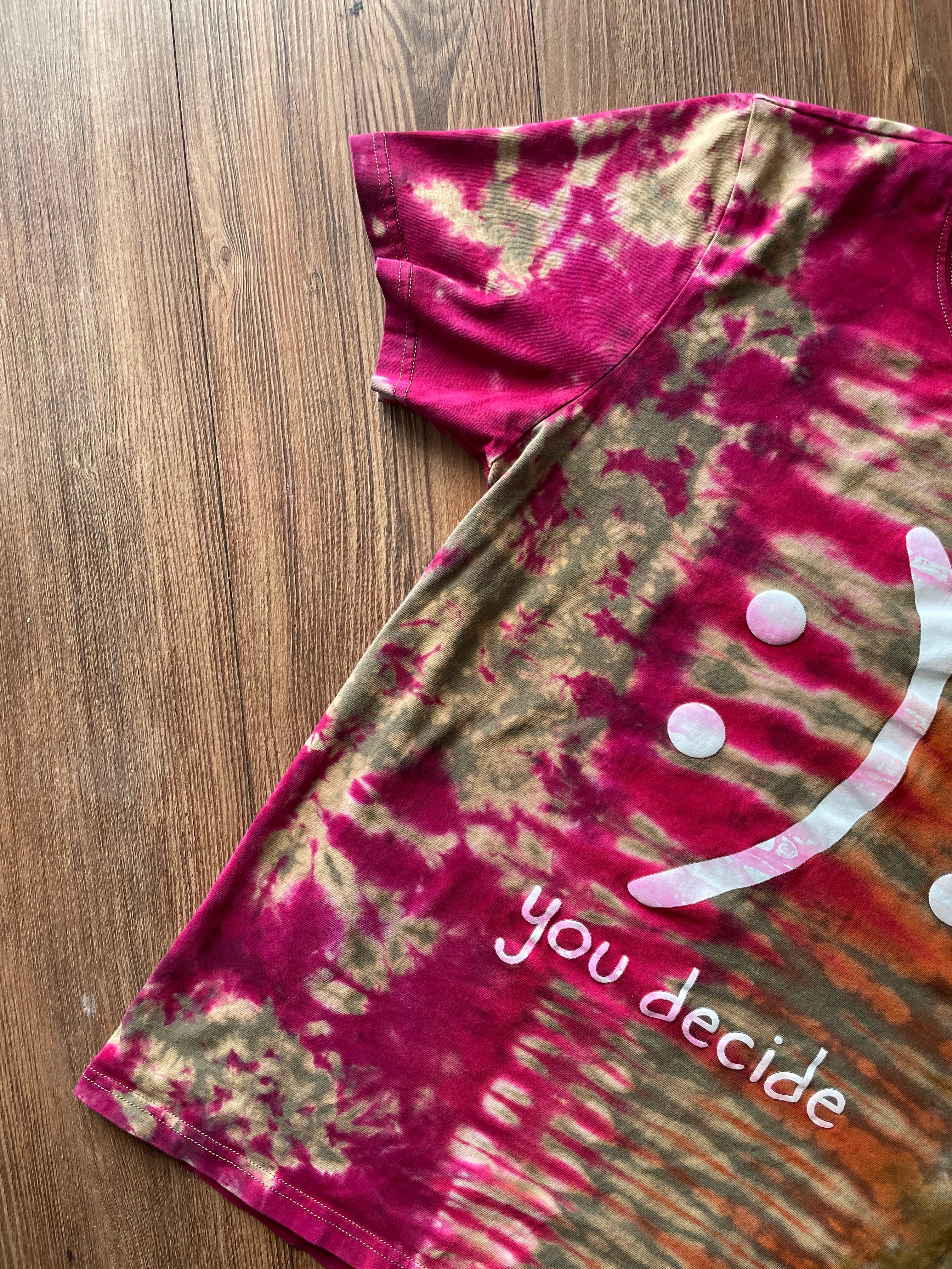 LARGE Women’s Happy and Sad Face You Decide Tie Dye T-Shirt | Green, Orange, and Pink Crumpled Handmade Short Sleeve Top