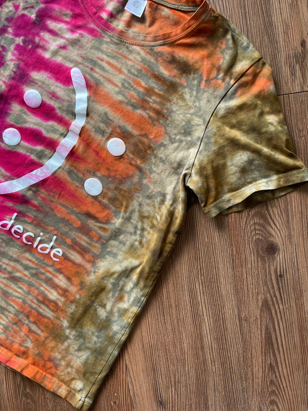 LARGE Women’s Happy and Sad Face You Decide Tie Dye T-Shirt | Green, Orange, and Pink Crumpled Handmade Short Sleeve Top