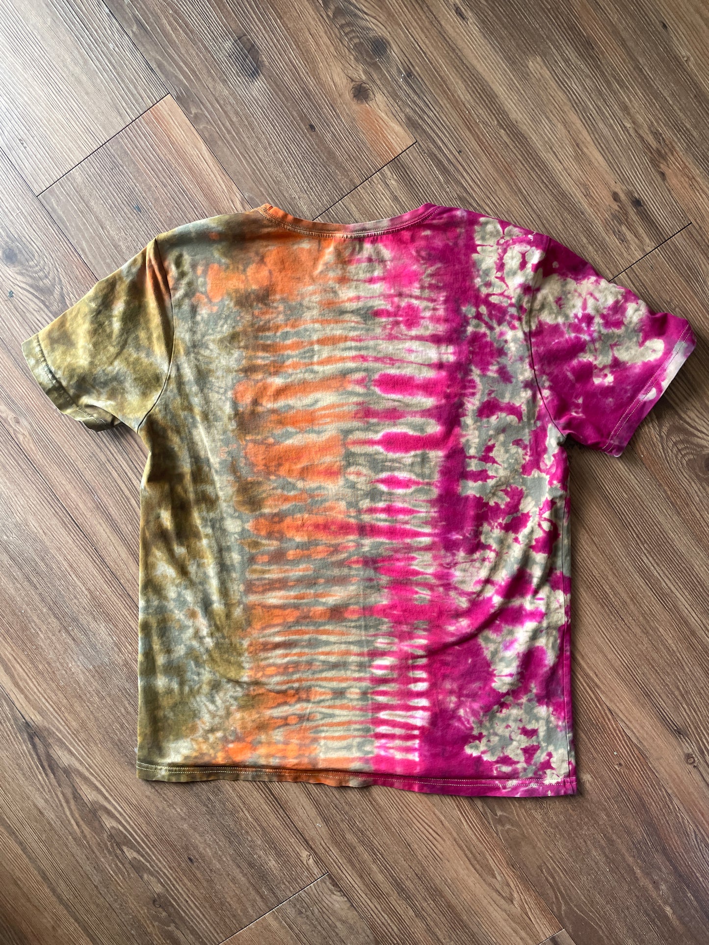 LARGE Women’s Happy and Sad Face You Decide Tie Dye T-Shirt | Green, Orange, and Pink Crumpled Handmade Short Sleeve Top