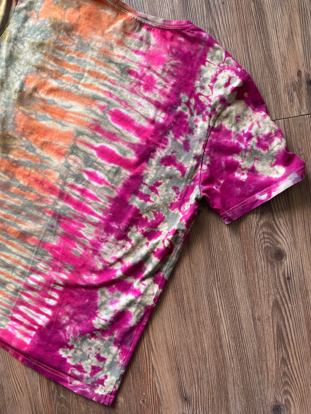 LARGE Women’s Happy and Sad Face You Decide Tie Dye T-Shirt | Green, Orange, and Pink Crumpled Handmade Short Sleeve Top