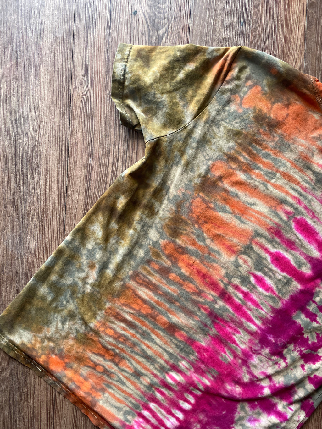 LARGE Women’s Happy and Sad Face You Decide Tie Dye T-Shirt | Green, Orange, and Pink Crumpled Handmade Short Sleeve Top