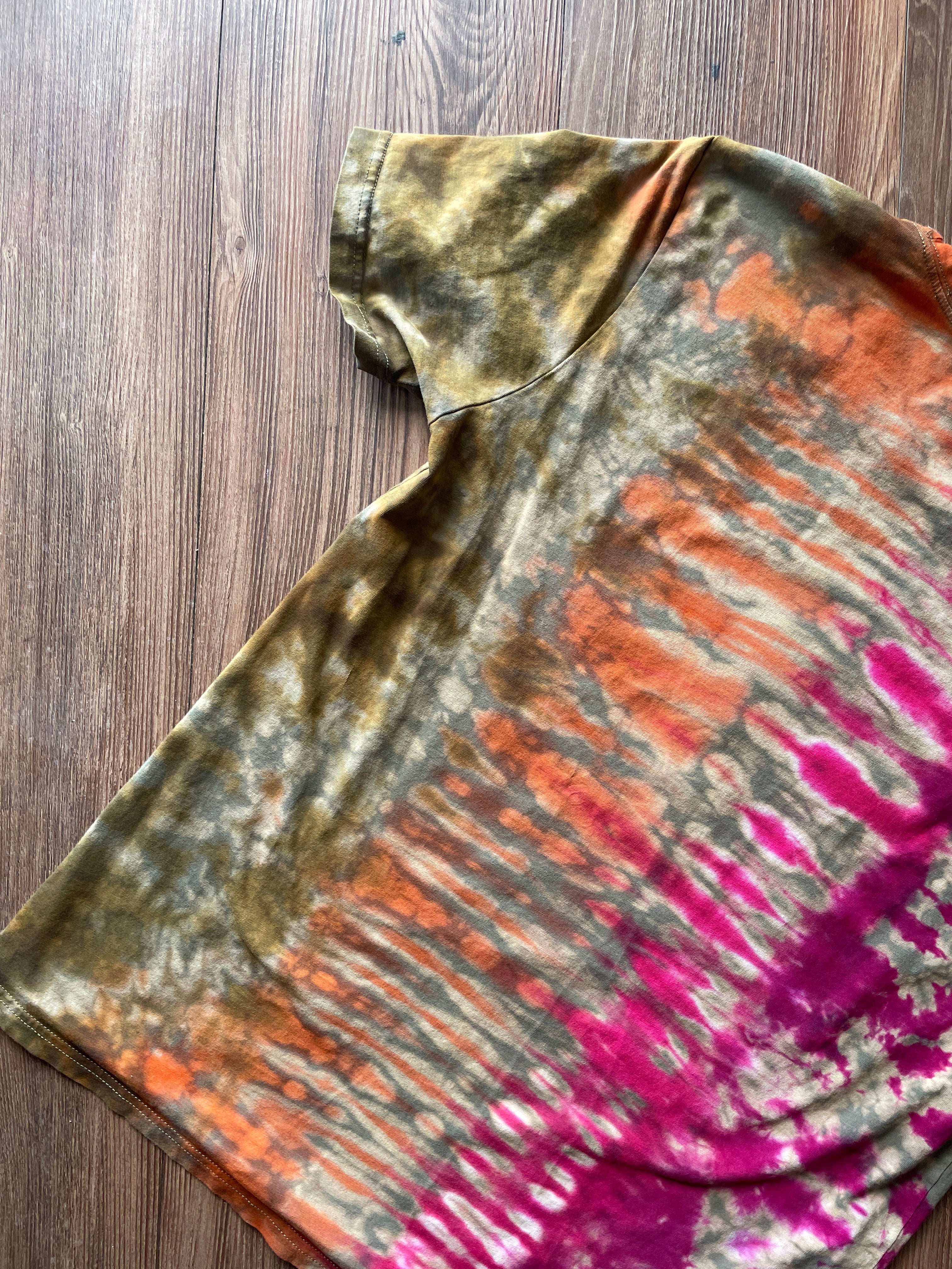 LARGE Women’s Happy and Sad Face You Decide Tie Dye T-Shirt | Green, Orange, and Pink Crumpled Handmade Short Sleeve Top