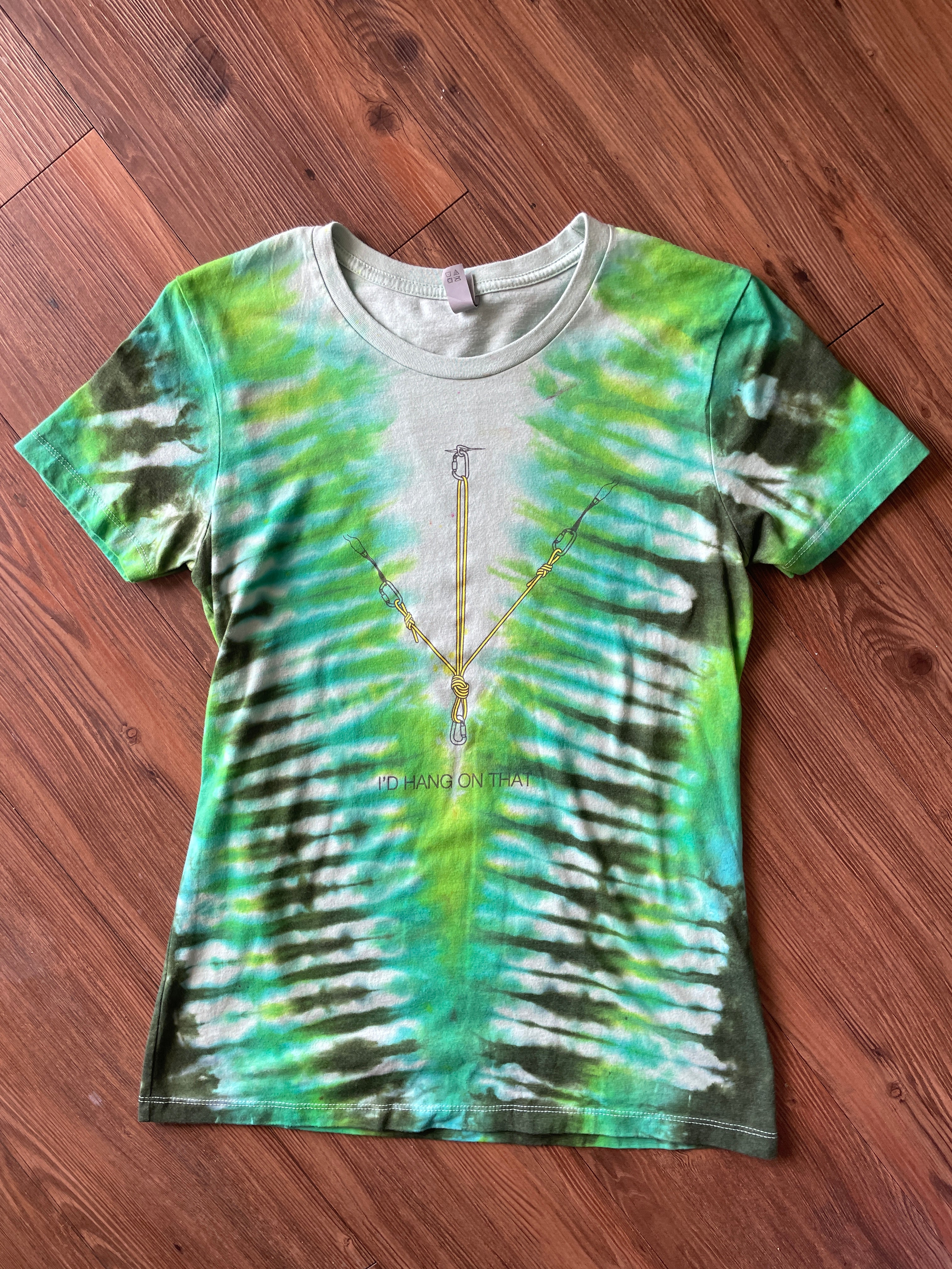 LARGE Women’s Petzl I'd Hang On That Rock Climbing Anchor Tie Dye T-Shirt | Shades of Green V-Pleated Tie Dye Short Sleeve Top