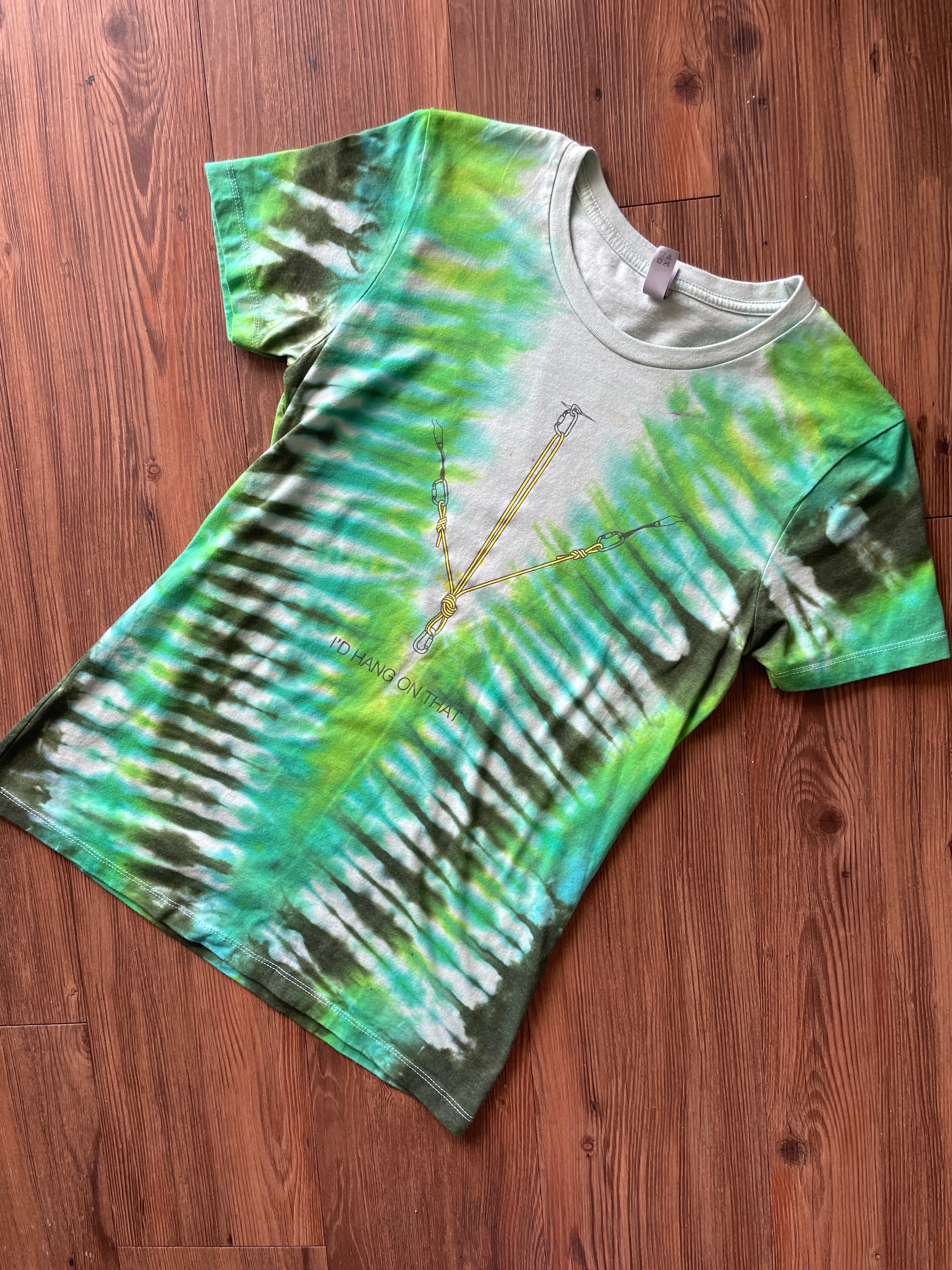 LARGE Women’s Petzl I'd Hang On That Rock Climbing Anchor Tie Dye T-Shirt | Shades of Green V-Pleated Tie Dye Short Sleeve Top