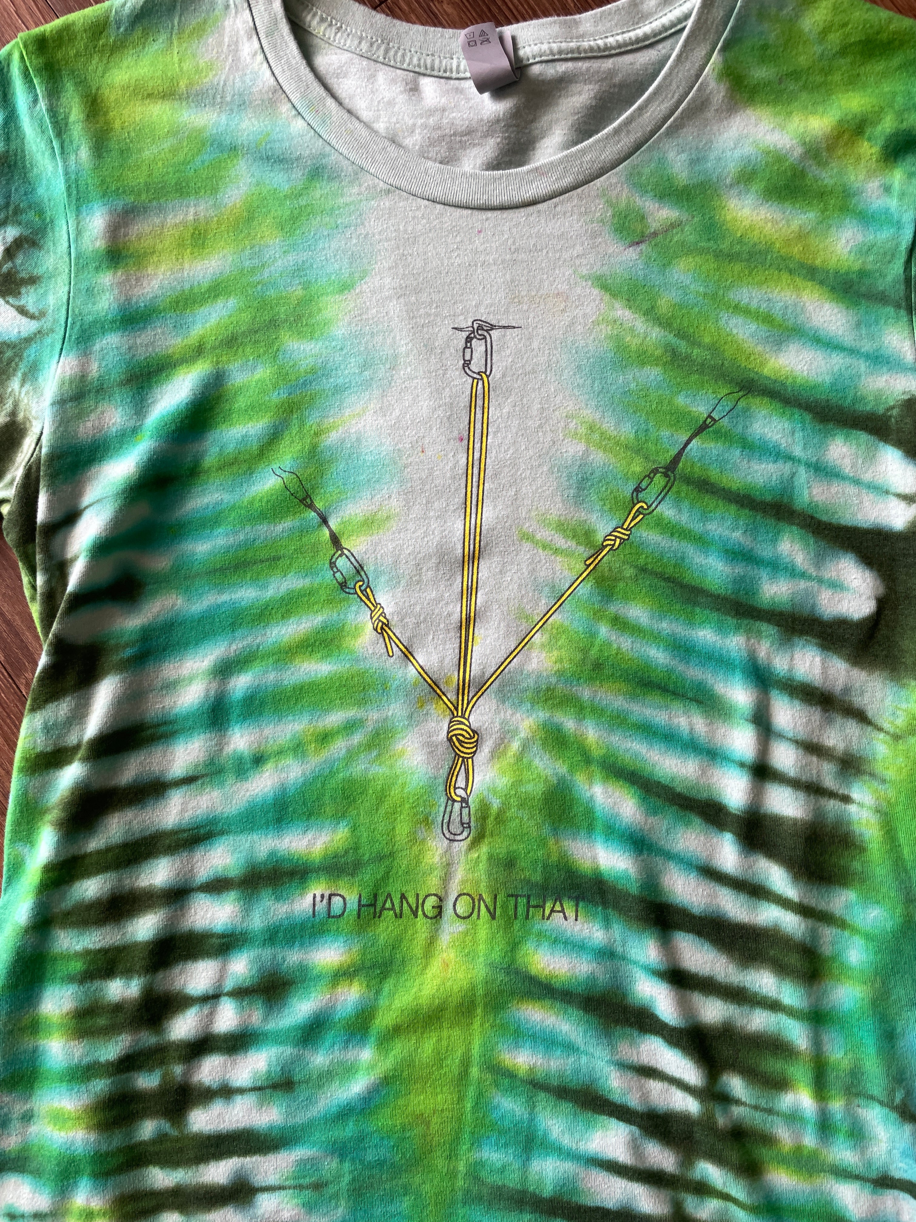 LARGE Women’s Petzl I'd Hang On That Rock Climbing Anchor Tie Dye T-Shirt | Shades of Green V-Pleated Tie Dye Short Sleeve Top