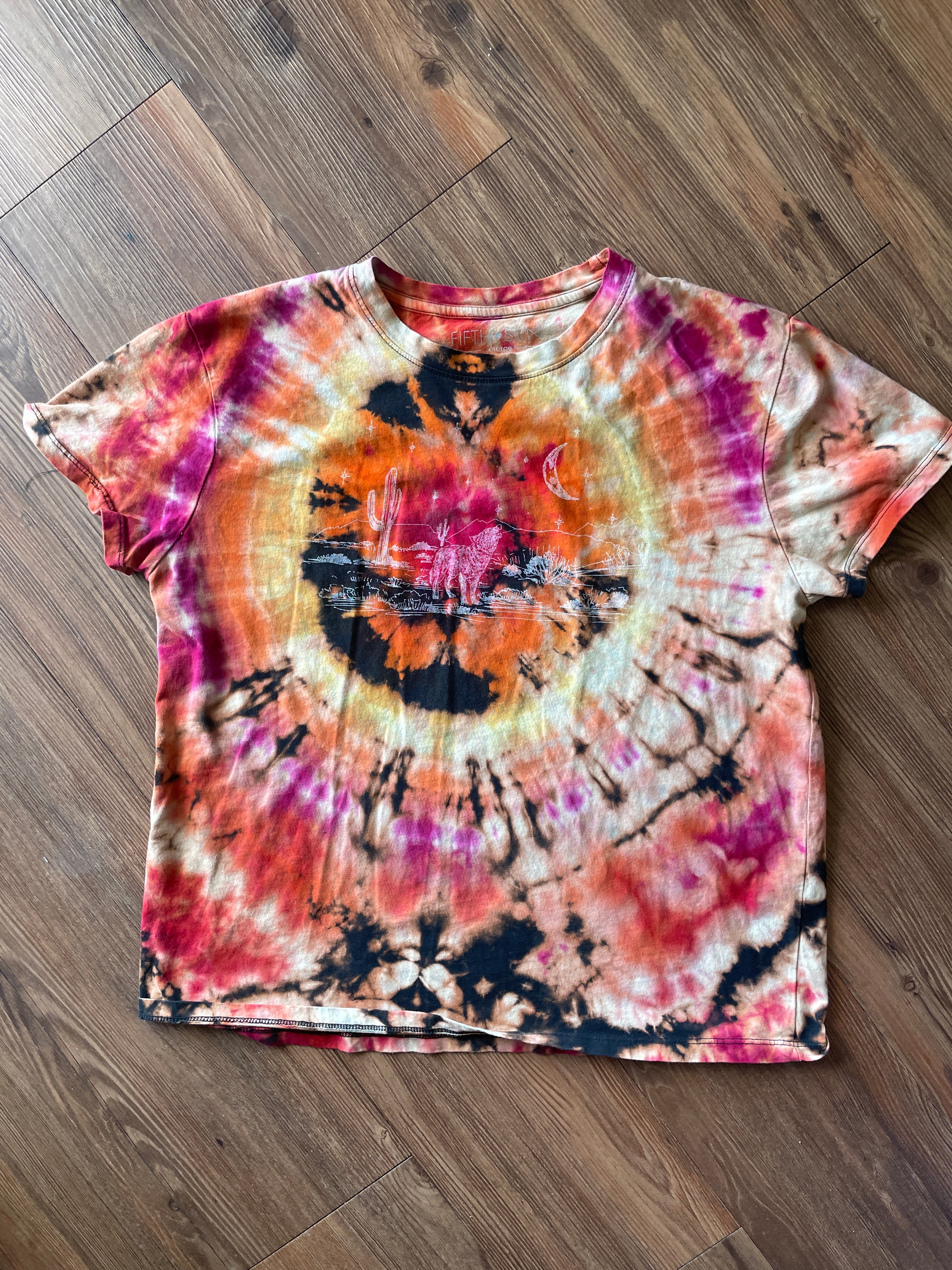 LARGE Women’s Desert Nights Reverse Tie Dye T-Shirt | Black, Pink, and Orange Bleach Dye Short Sleeve Top