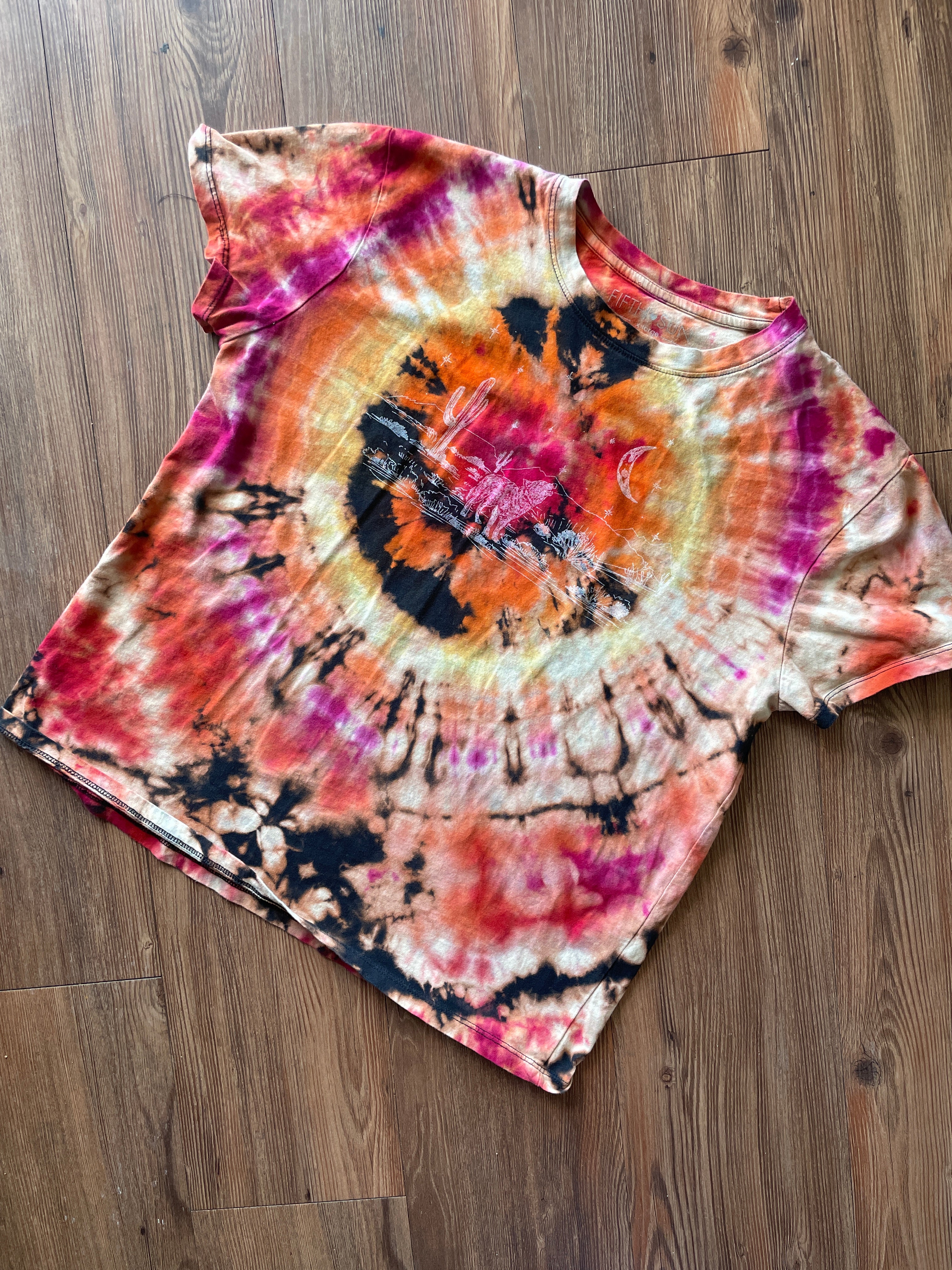 LARGE Women’s Desert Nights Reverse Tie Dye T-Shirt | Black, Pink, and Orange Bleach Dye Short Sleeve Top