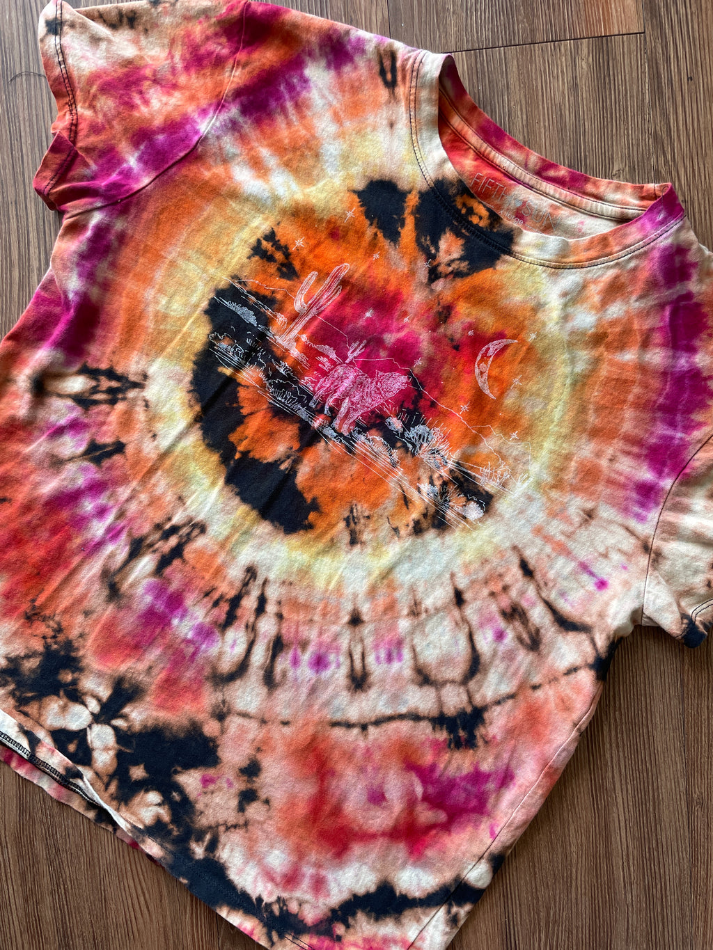 LARGE Women’s Desert Nights Reverse Tie Dye T-Shirt | Black, Pink, and Orange Bleach Dye Short Sleeve Top