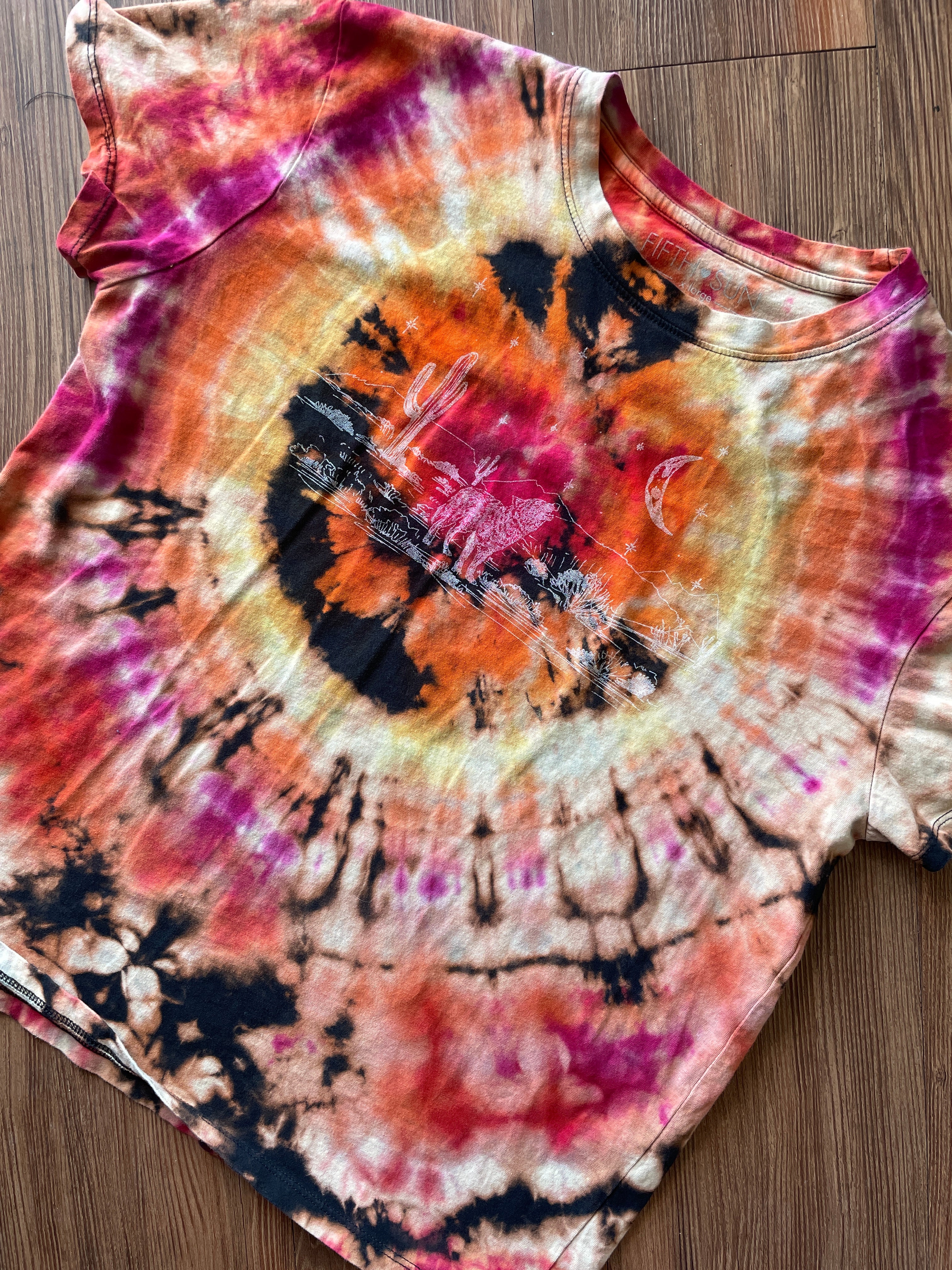 LARGE Women’s Desert Nights Reverse Tie Dye T-Shirt | Black, Pink, and Orange Bleach Dye Short Sleeve Top