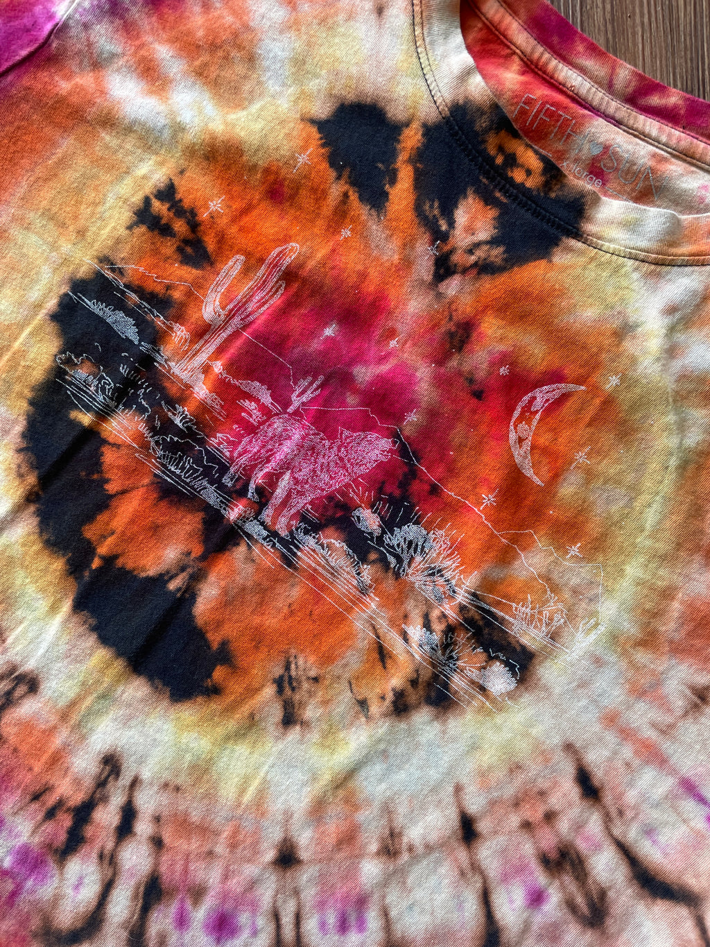 LARGE Women’s Desert Nights Reverse Tie Dye T-Shirt | Black, Pink, and Orange Bleach Dye Short Sleeve Top
