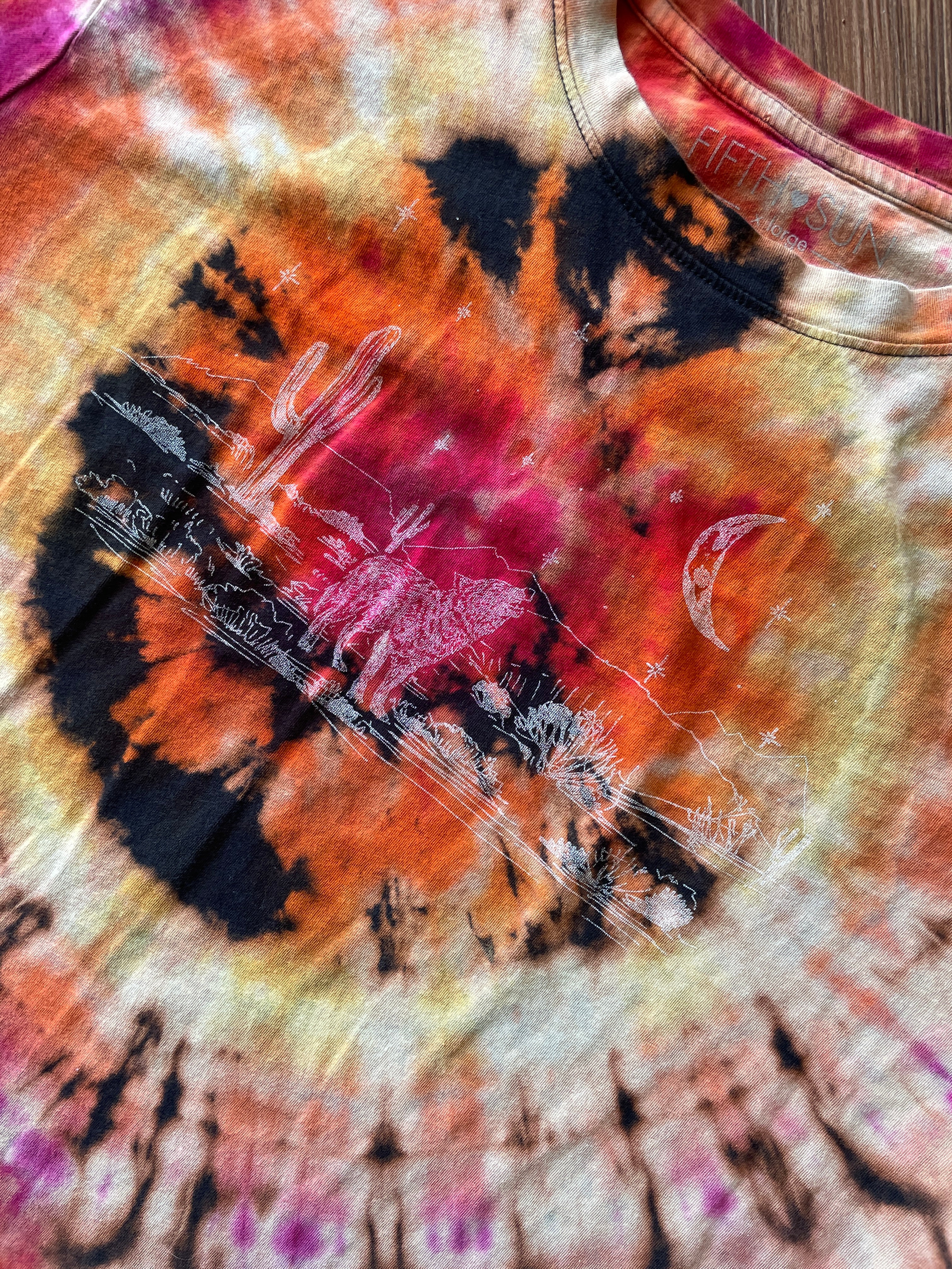LARGE Women’s Desert Nights Reverse Tie Dye T-Shirt | Black, Pink, and Orange Bleach Dye Short Sleeve Top