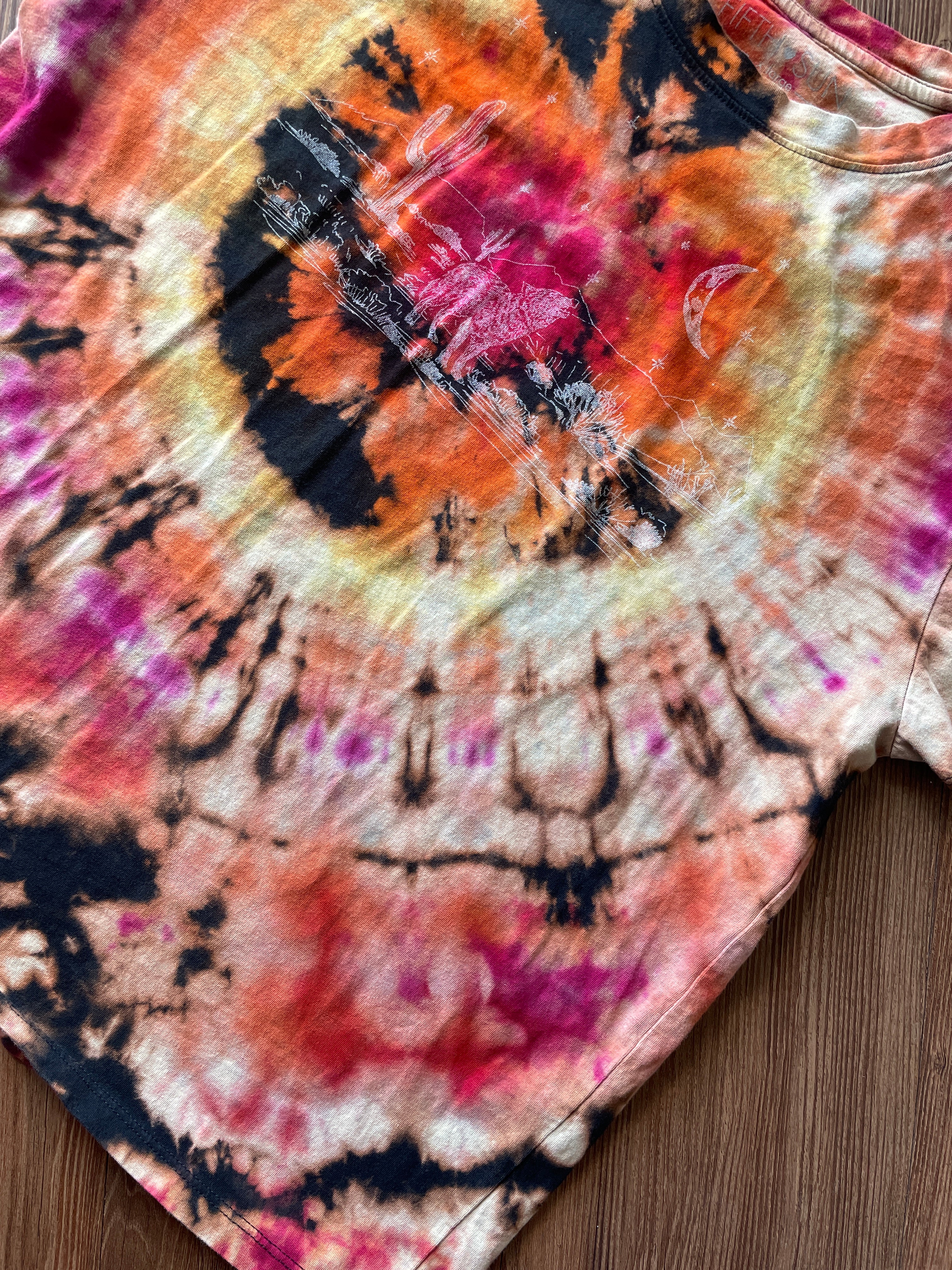 LARGE Women’s Desert Nights Reverse Tie Dye T-Shirt | Black, Pink, and Orange Bleach Dye Short Sleeve Top