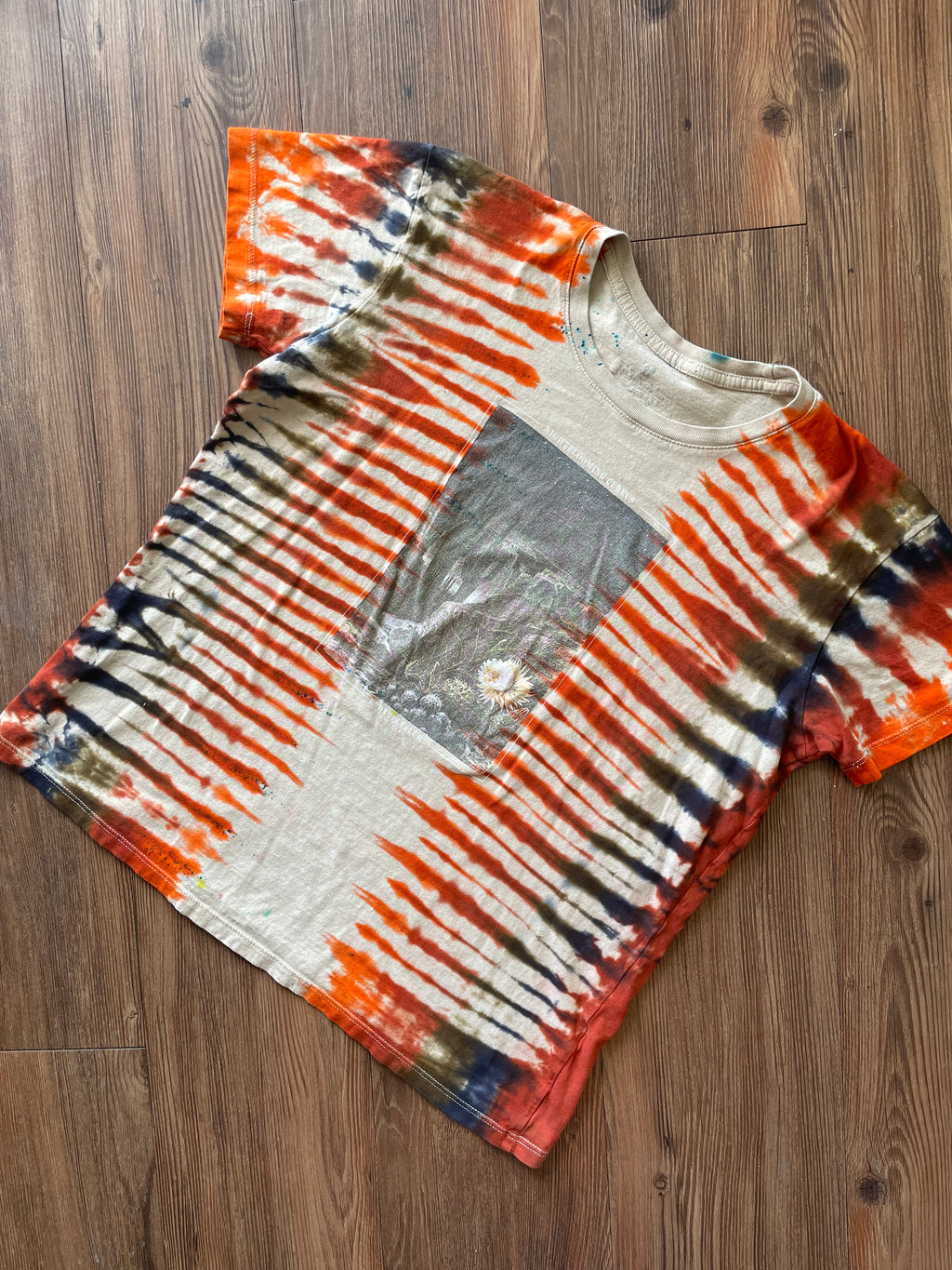 LARGE Women's (Junior's) Night Blooming Cereus Desert Landscape Tie Dye T-Shirt | Earth Tones Pleated Tie Dye Short Sleeve Top