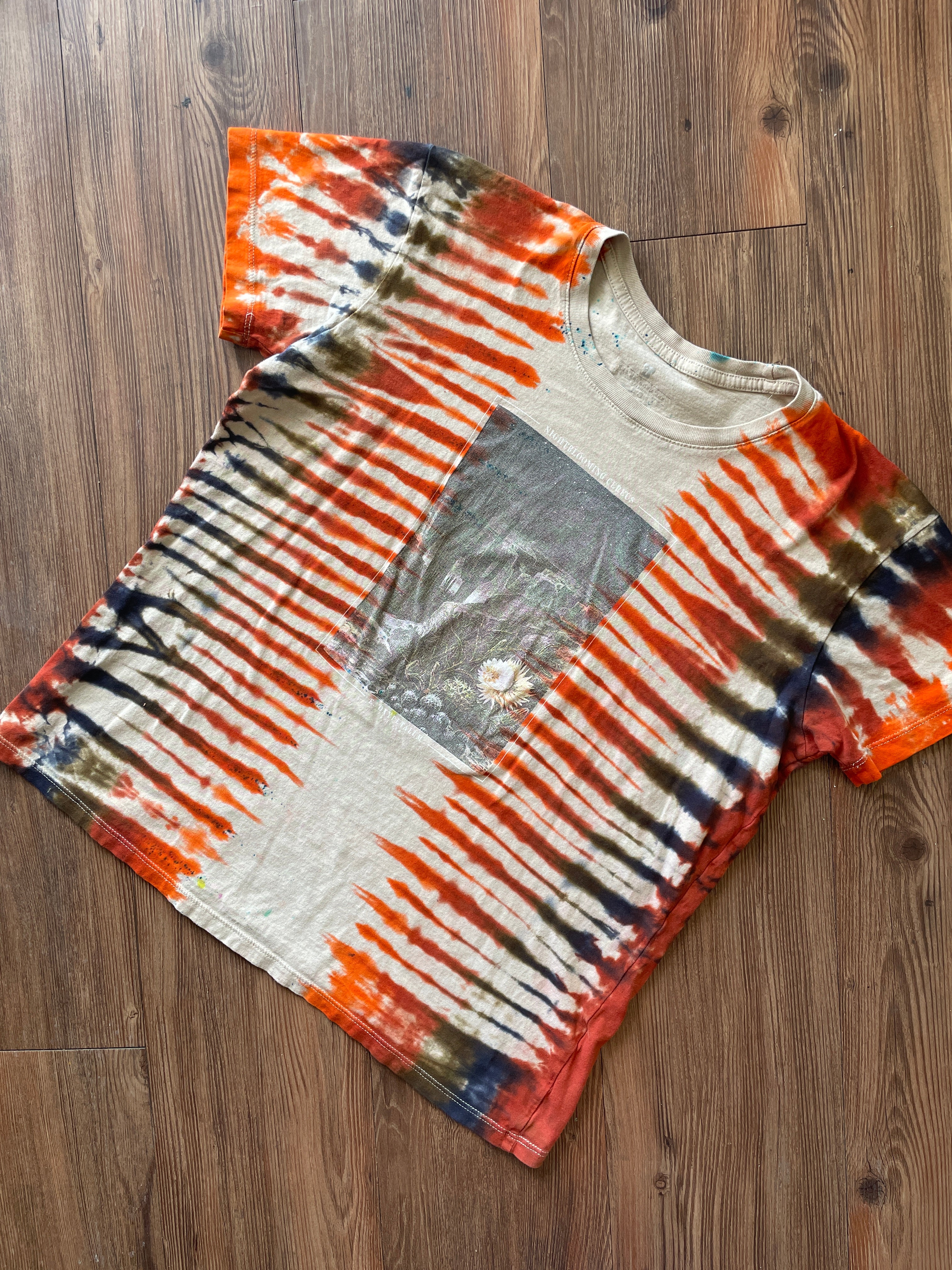 LARGE Women's (Junior's) Night Blooming Cereus Desert Landscape Tie Dye T-Shirt | Earth Tones Pleated Tie Dye Short Sleeve Top