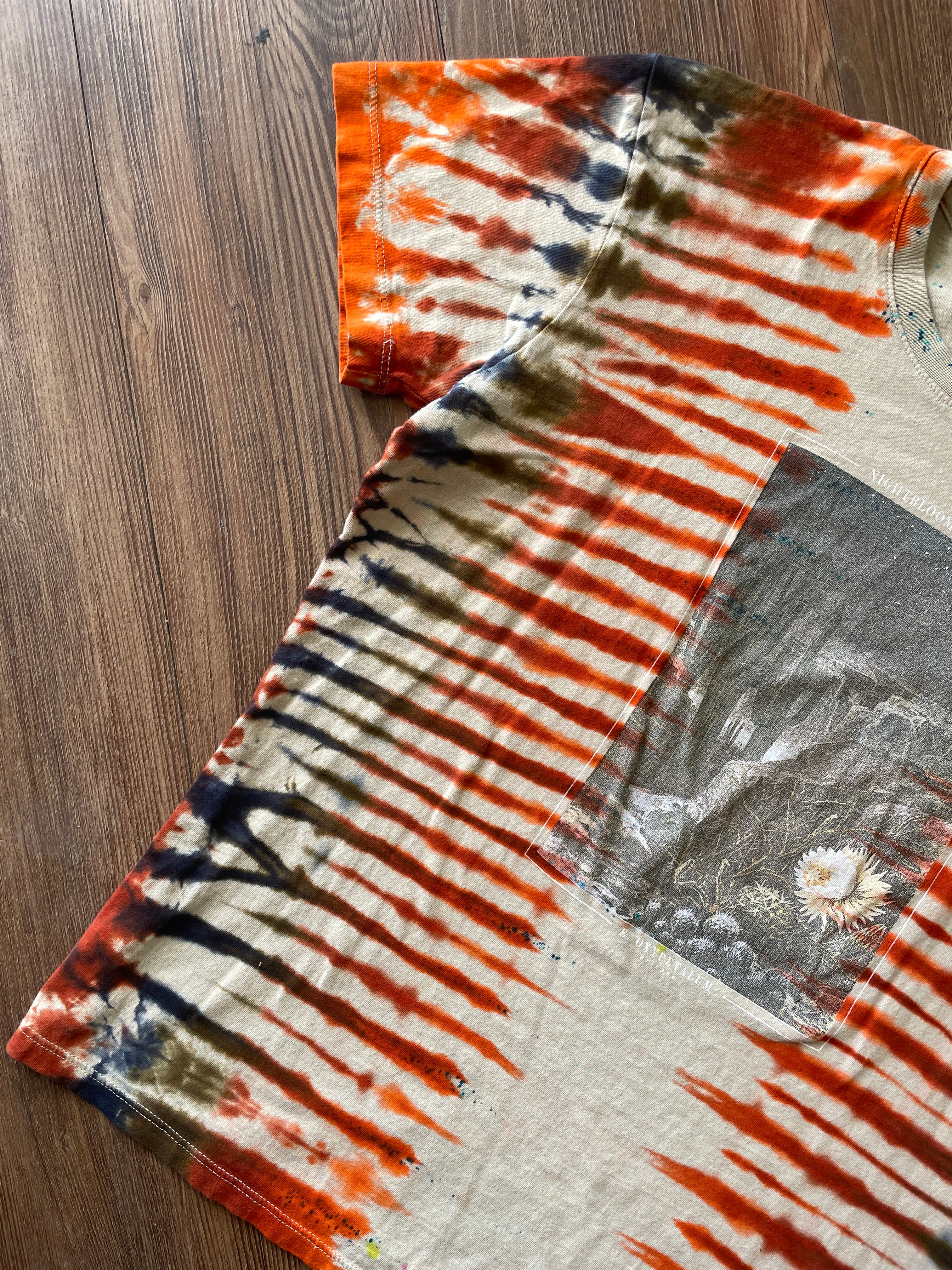 LARGE Women's (Junior's) Night Blooming Cereus Desert Landscape Tie Dye T-Shirt | Earth Tones Pleated Tie Dye Short Sleeve Top