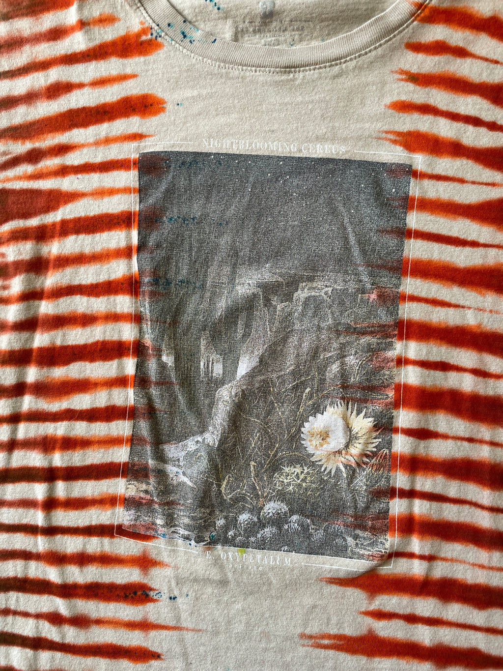 LARGE Women's (Junior's) Night Blooming Cereus Desert Landscape Tie Dye T-Shirt | Earth Tones Pleated Tie Dye Short Sleeve Top