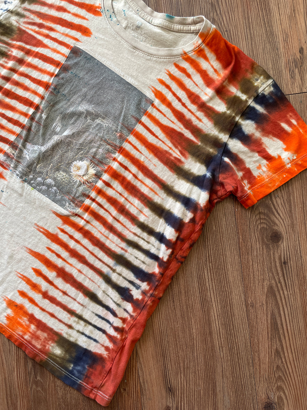 LARGE Women's (Junior's) Night Blooming Cereus Desert Landscape Tie Dye T-Shirt | Earth Tones Pleated Tie Dye Short Sleeve Top