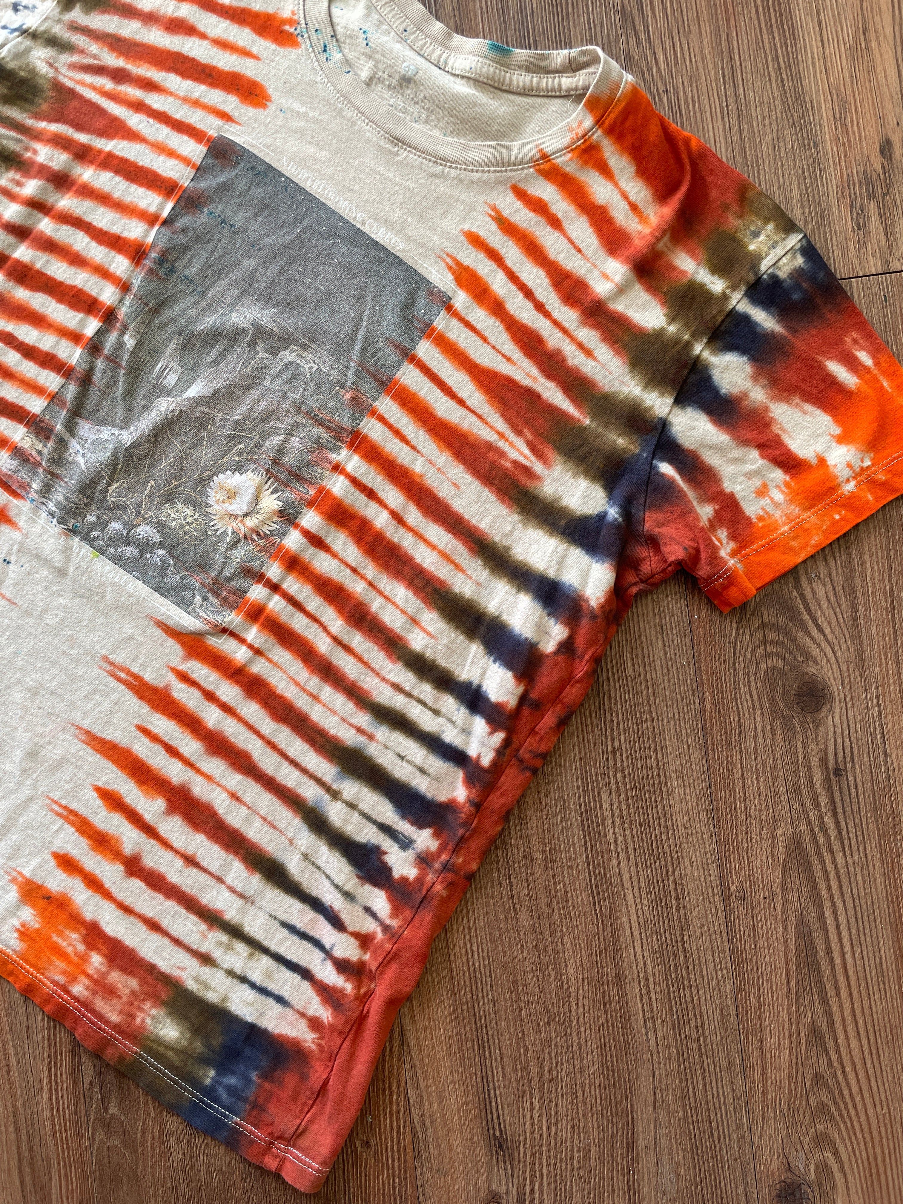 LARGE Women's (Junior's) Night Blooming Cereus Desert Landscape Tie Dye T-Shirt | Earth Tones Pleated Tie Dye Short Sleeve Top