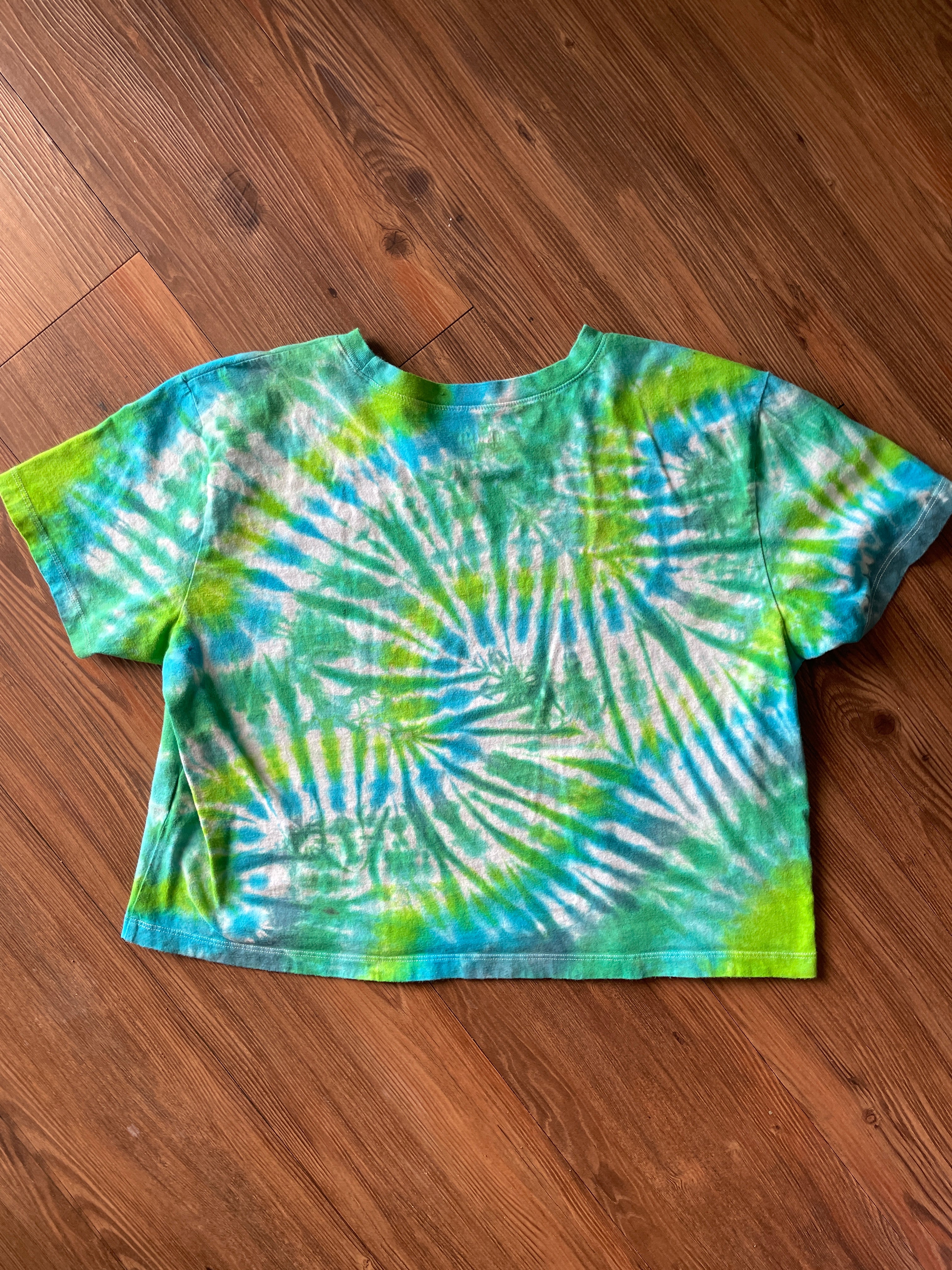 LARGE Women’s/SMALL Men's Keep the Sea Plastic Free Tie Dye Crop Top | Shades of Green and Blue Pleated Tie Dye Short Sleeve Top