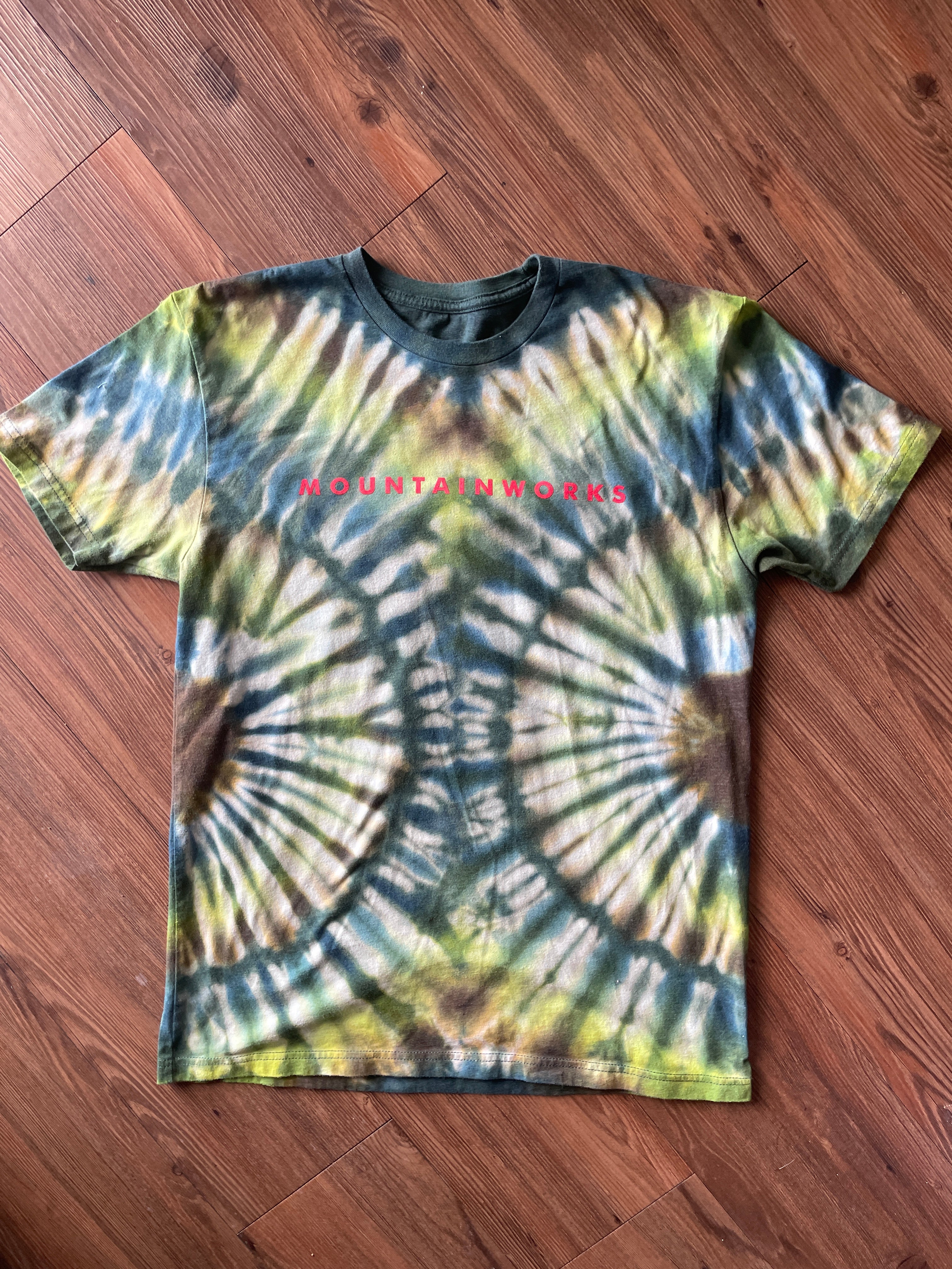 Medium Men’s Mountain Works (Provo, Utah) Handmade Tie Dye T-Shirt | Green, Blue, and Brown Pleated Tie Dye Short Sleeve