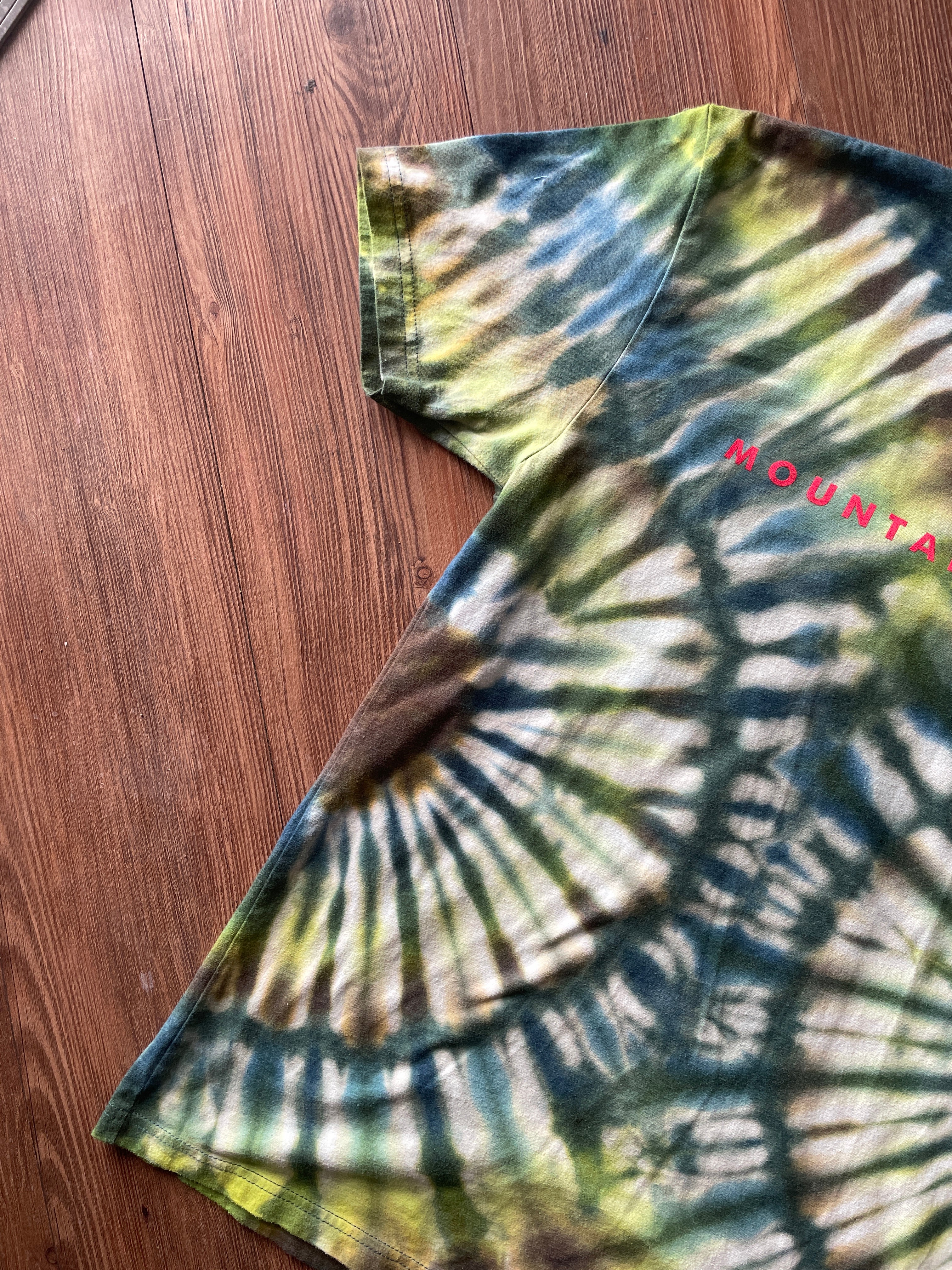 Medium Men’s Mountain Works (Provo, Utah) Handmade Tie Dye T-Shirt | Green, Blue, and Brown Pleated Tie Dye Short Sleeve