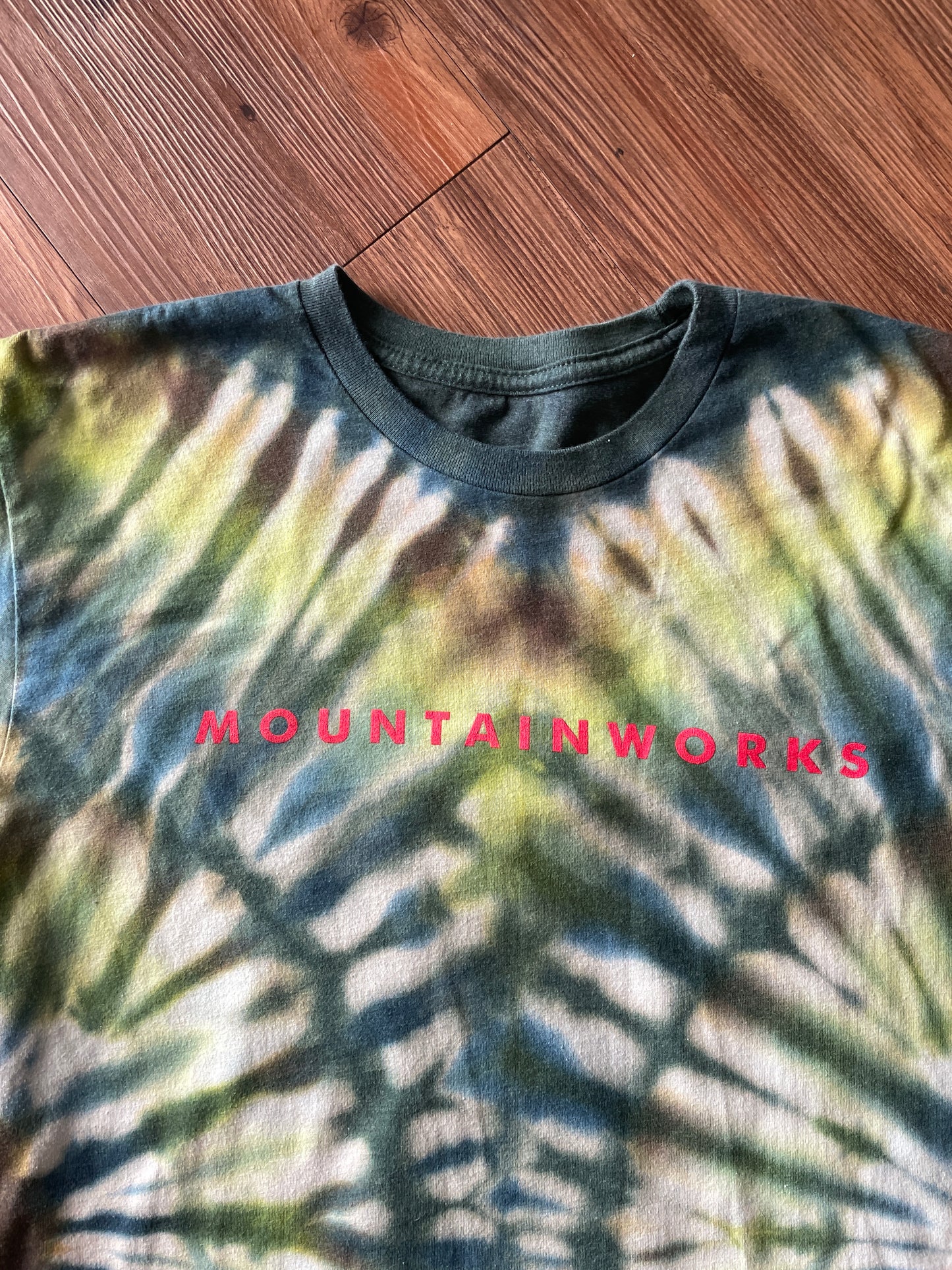 Medium Men’s Mountain Works (Provo, Utah) Handmade Tie Dye T-Shirt | Green, Blue, and Brown Pleated Tie Dye Short Sleeve