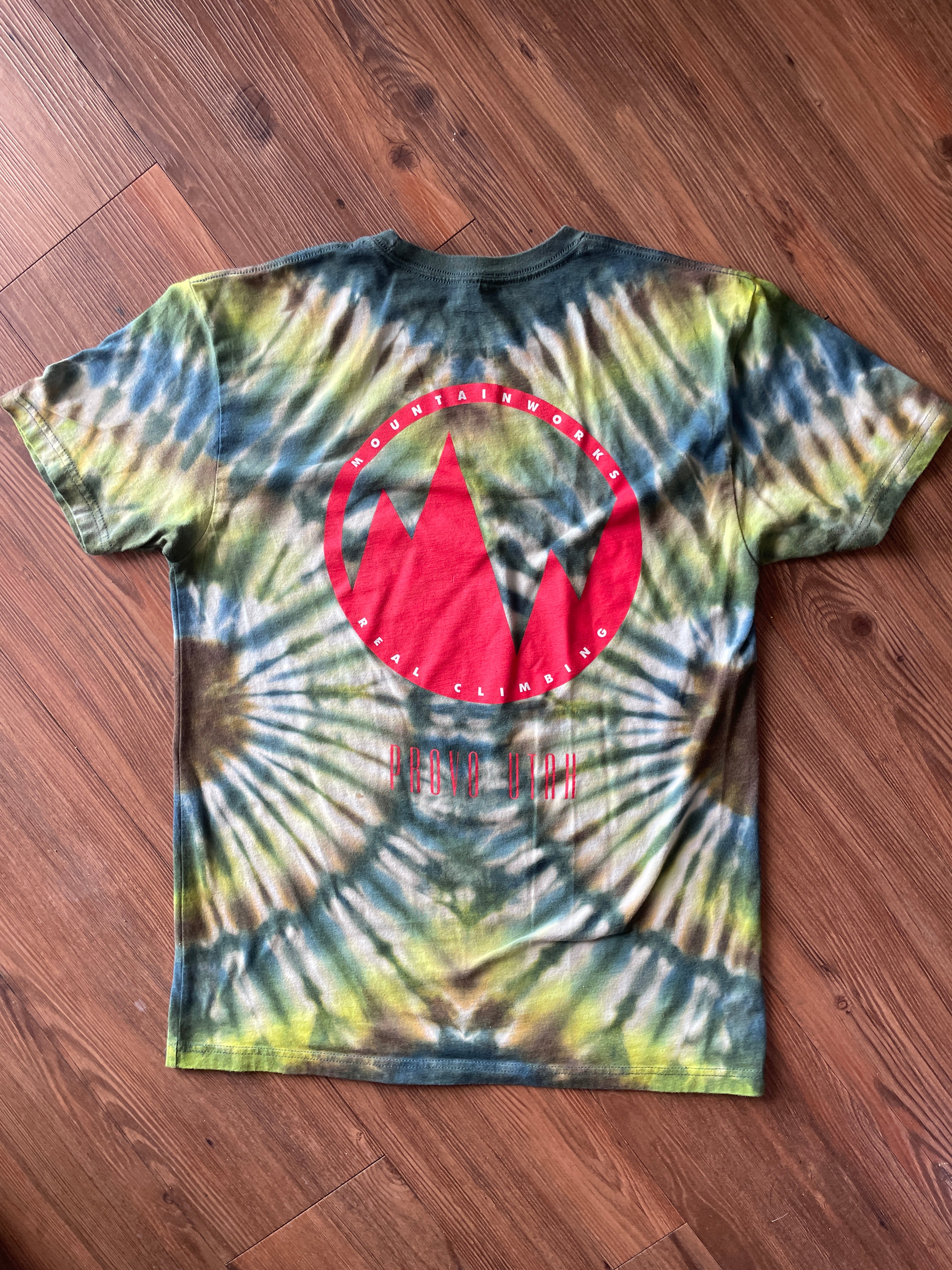 Medium Men’s Mountain Works (Provo, Utah) Handmade Tie Dye T-Shirt | Green, Blue, and Brown Pleated Tie Dye Short Sleeve