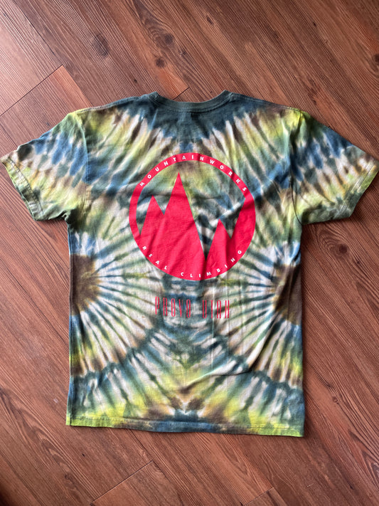Medium Men’s Mountain Works (Provo, Utah) Handmade Tie Dye T-Shirt | Green, Blue, and Brown Pleated Tie Dye Short Sleeve