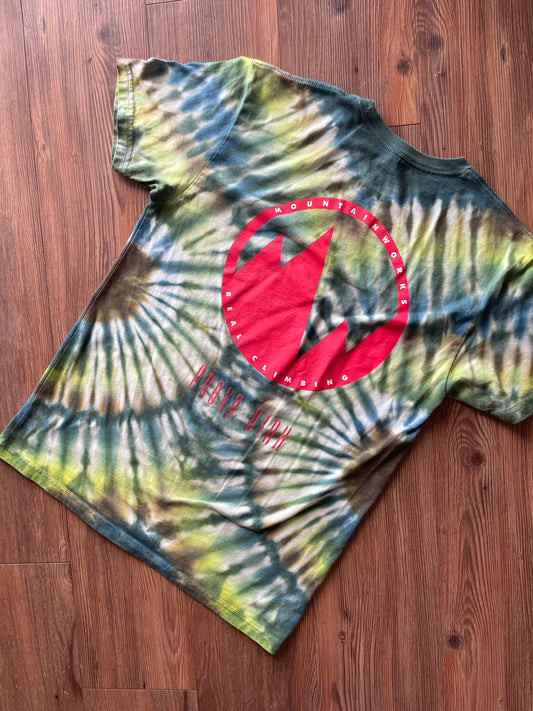 Medium Men’s Mountain Works (Provo, Utah) Handmade Tie Dye T-Shirt | Green, Blue, and Brown Pleated Tie Dye Short Sleeve